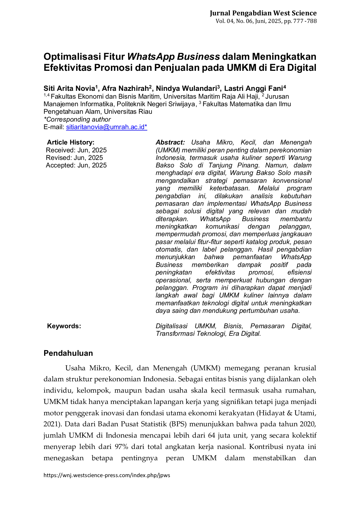 JURIS Optimalisasi Fitur WhatsApp Business dalam Meningkatkan Efektivitas Promosi dan Penjualan pada UMKM di Era Digital