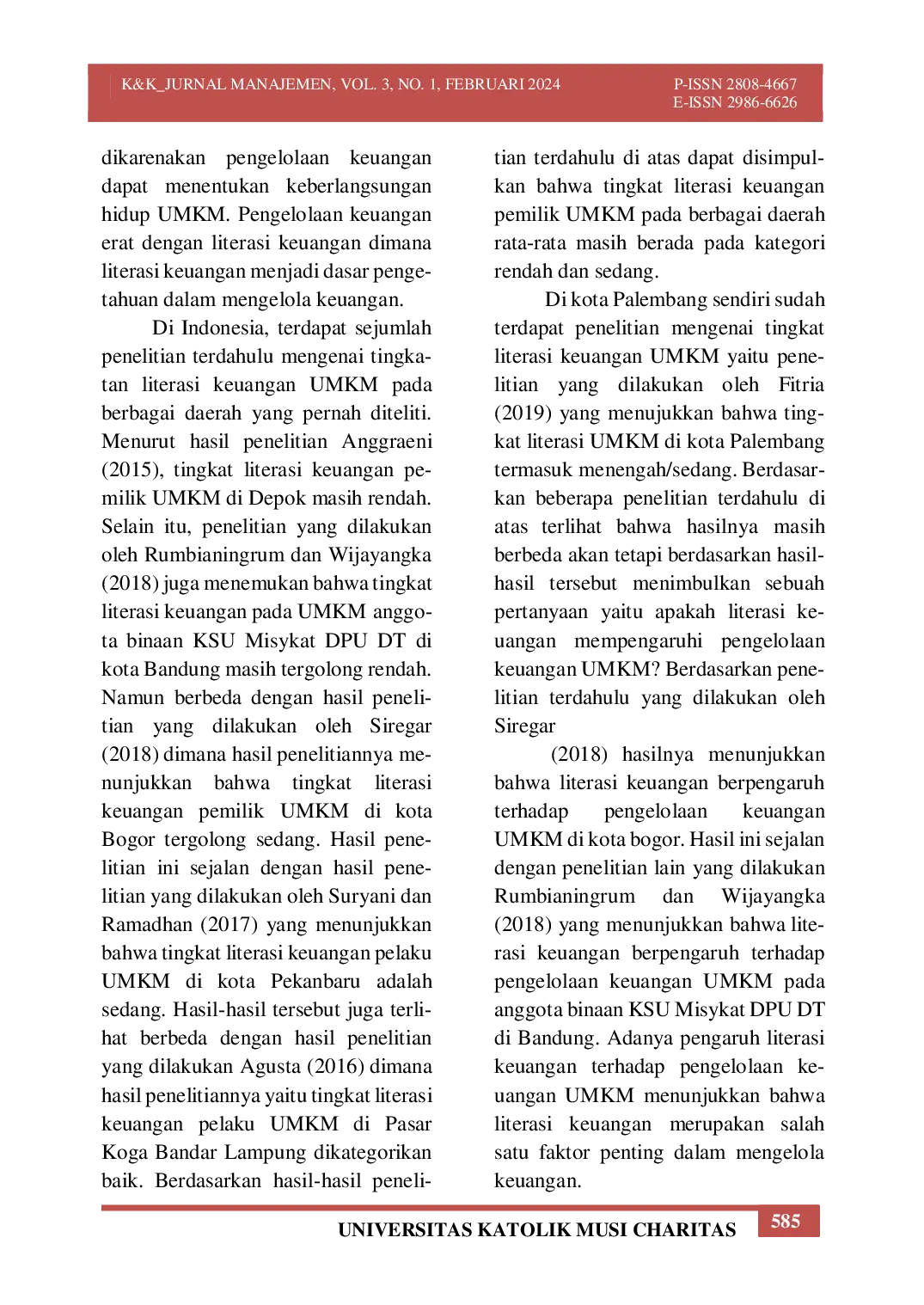 JURIS Pengaruh Literasi Keuangan Terhadap Pengelolaan Keuangan UMKM Kuliner Di Kota Palembang