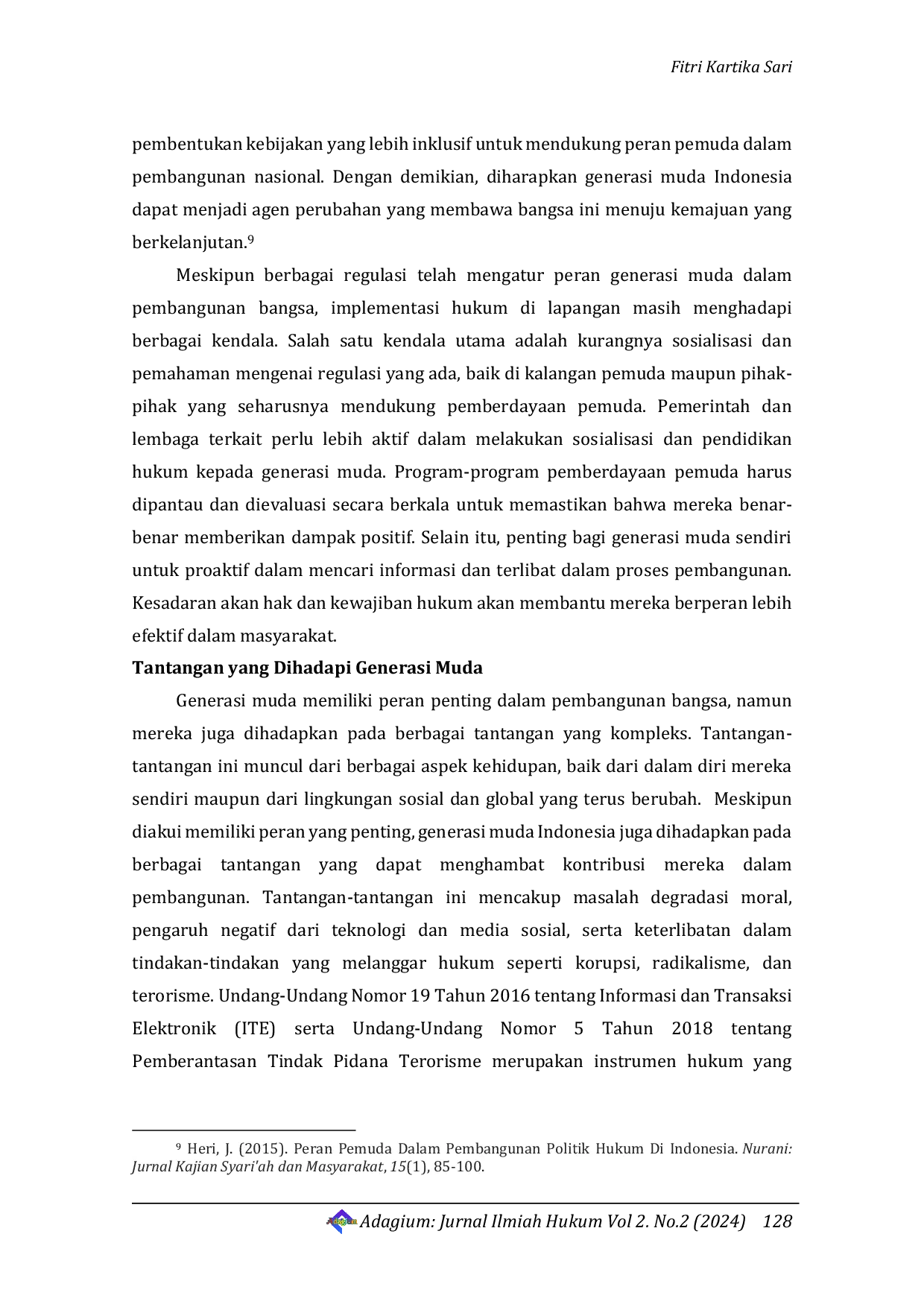 JURIS Peran dan Tantangan Generasi Muda dalam Perspektif Undang Undang Nomor 40 Tahun 2009 tentang Kepemudaan