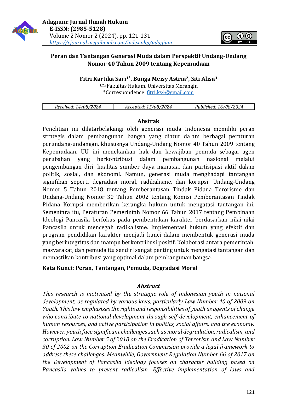 JURIS Peran dan Tantangan Generasi Muda dalam Perspektif Undang Undang Nomor 40 Tahun 2009 tentang Kepemudaan