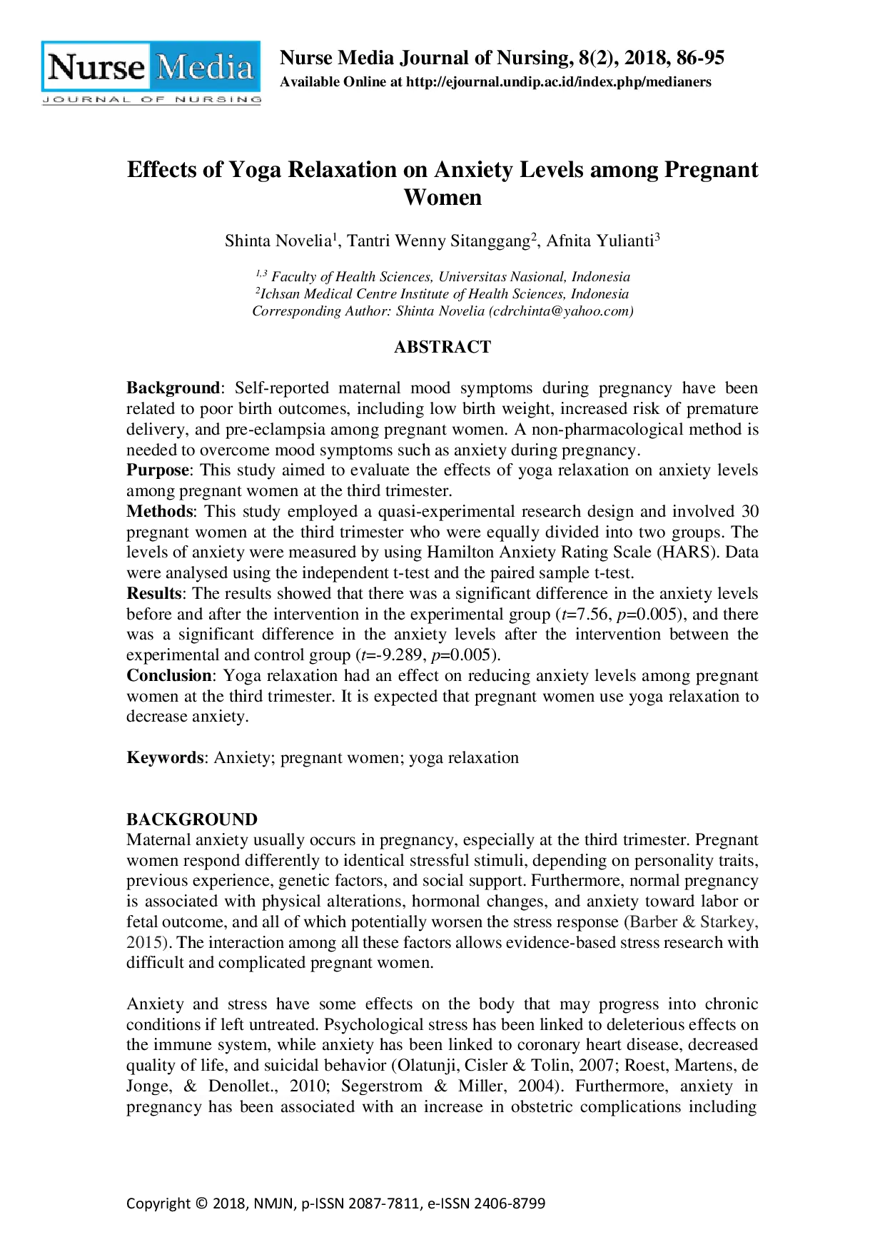 juris Effects of Yoga Relaxation on Anxiety Levels among Pregnant Women