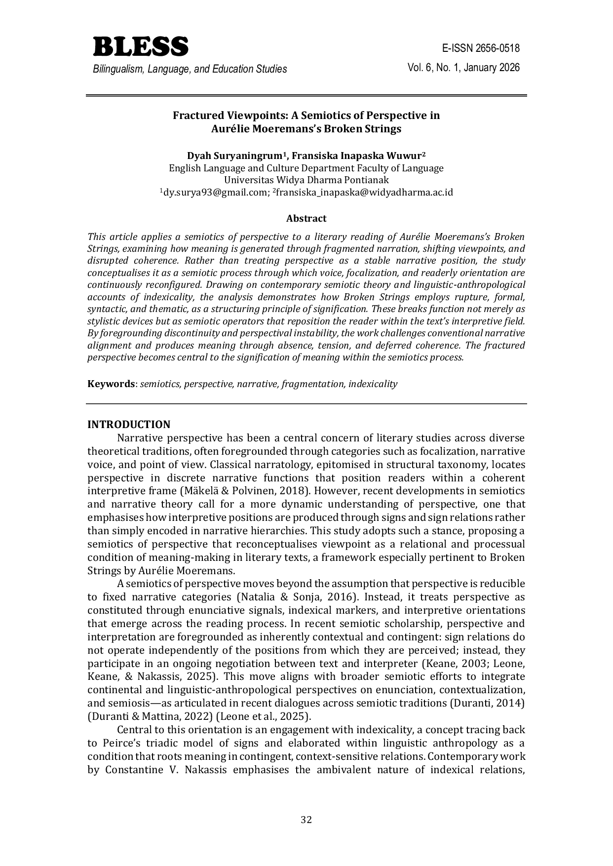 JURIS Fractured Viewpoints A Semiotics of Perspective in Aur lie Moeremans s Broken Strings