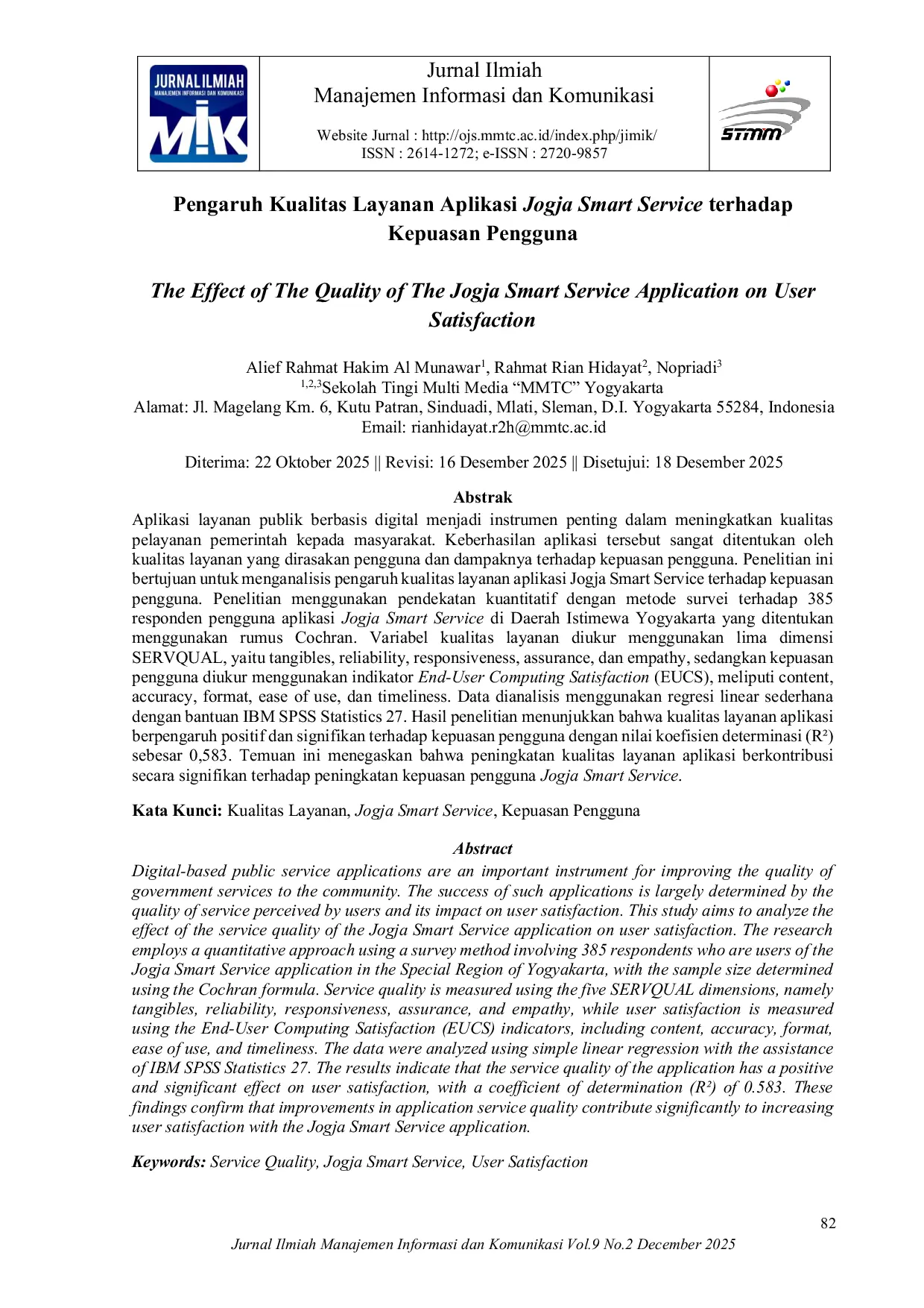 JURIS Pengaruh Kualitas Layanan Aplikasi Jogja Smart Service terhadap Kepuasan Pengguna