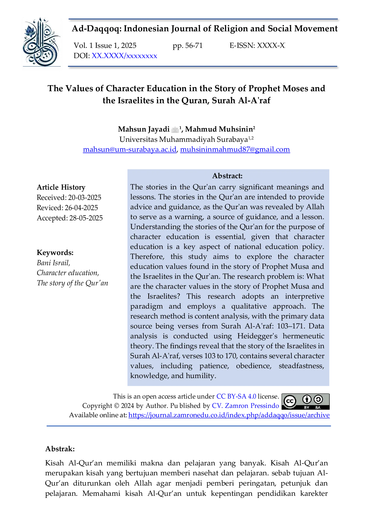 JURIS The Values of Character Education in the Story of Prophet Moses and the Israelites in the Quran Surah Al A raf