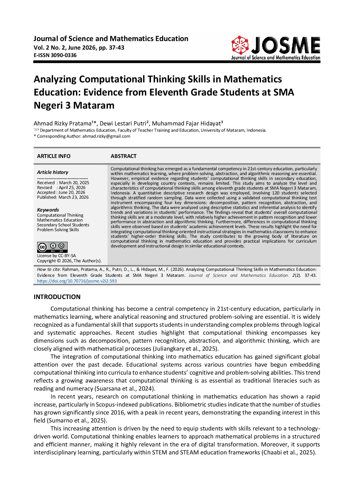 JURIS Analyzing Computational Thinking Skills in Mathematics Education Evidence from Eleventh Grade Students at SMA Negeri 3 Mataram