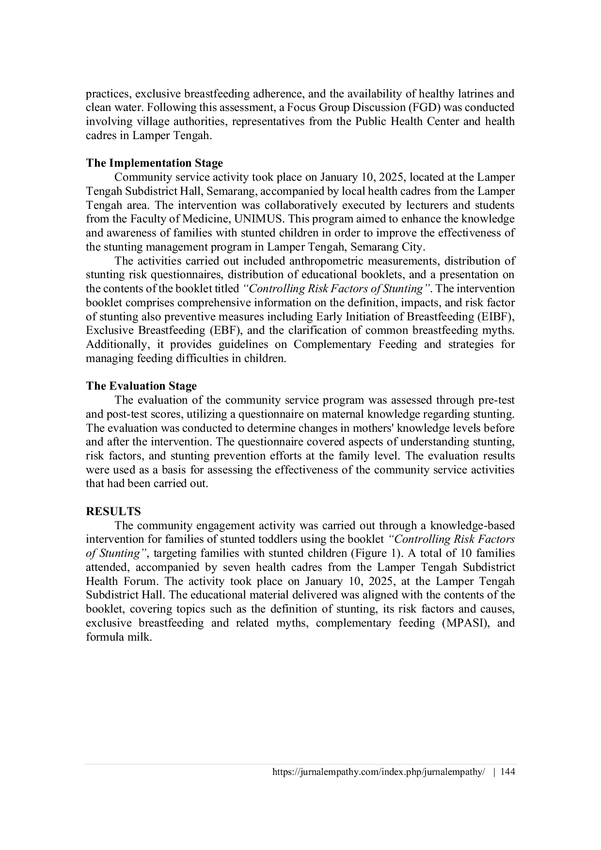 JURIS Enhancing Success of Stunting Eradication Risk Factor Identification and Booklet Based Intervention in Stunting Communities