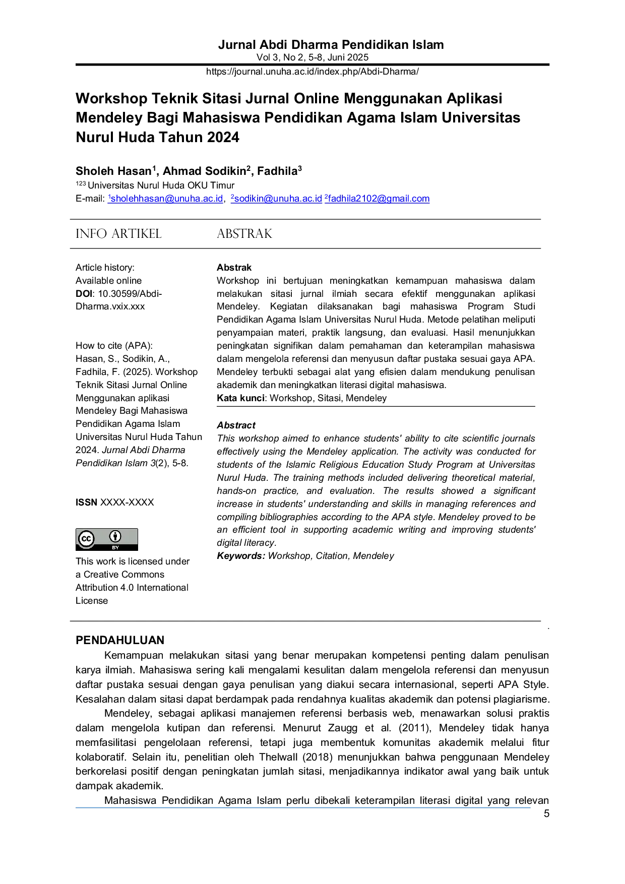 JURIS Workshop on Online Journal Citation Techniques Using Mendeley Application for Islamic Education Students at Universitas Nurul Huda 2024