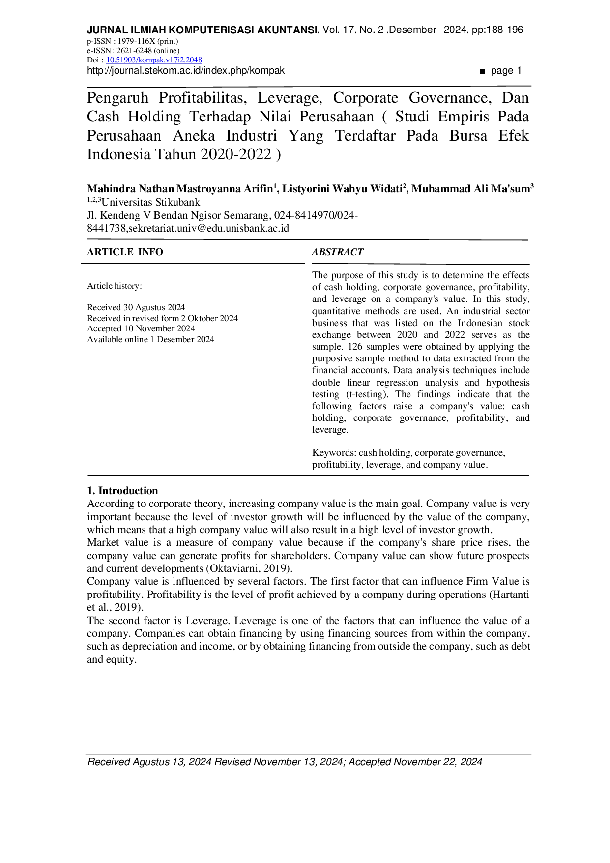 JURIS Pengaruh Pengungkapan Sustainability Report Terhadap Nilai Perusahaan Dengan Profitabilitas Sebagai Variabel Moderating Studi Empiris pada Perusahaan Pertambangan Yang Terdaftar di Bursa Efek Indones