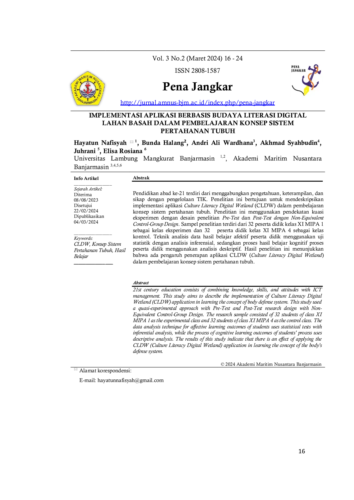 JURIS Implementasi Aplikasi Berbasis Budaya Literasi Digital Lahan Basah dalam Pembelajaran Konsep Sistem Pertahanan Tubuh