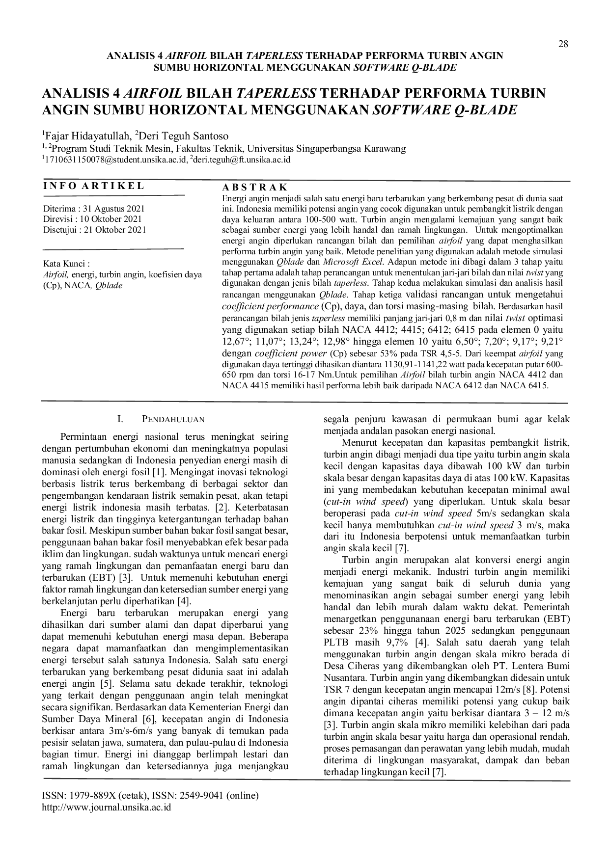 JURIS Analisis 4 Airfoil Bilah Taperless Terhadap Performa Turbin Angin Sumbu Horizontal Menggunakan Software Q Blade