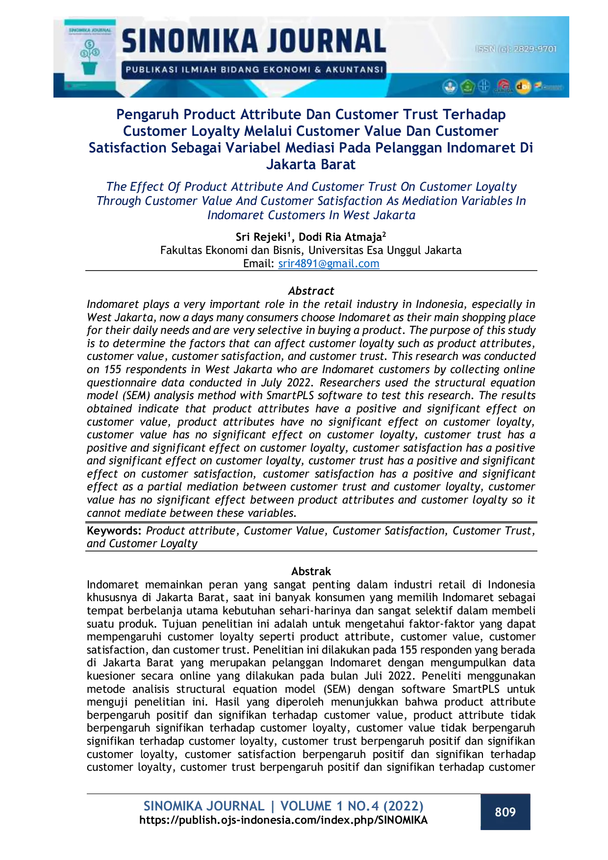 JURIS Pengaruh Product Attribute Dan Customer Trust Terhadap Customer Loyalty Melalui Customer Value Dan Customer Satisfaction Sebagai Variabel Mediasi Pada Pelanggan Indomaret Di Jakarta Barat