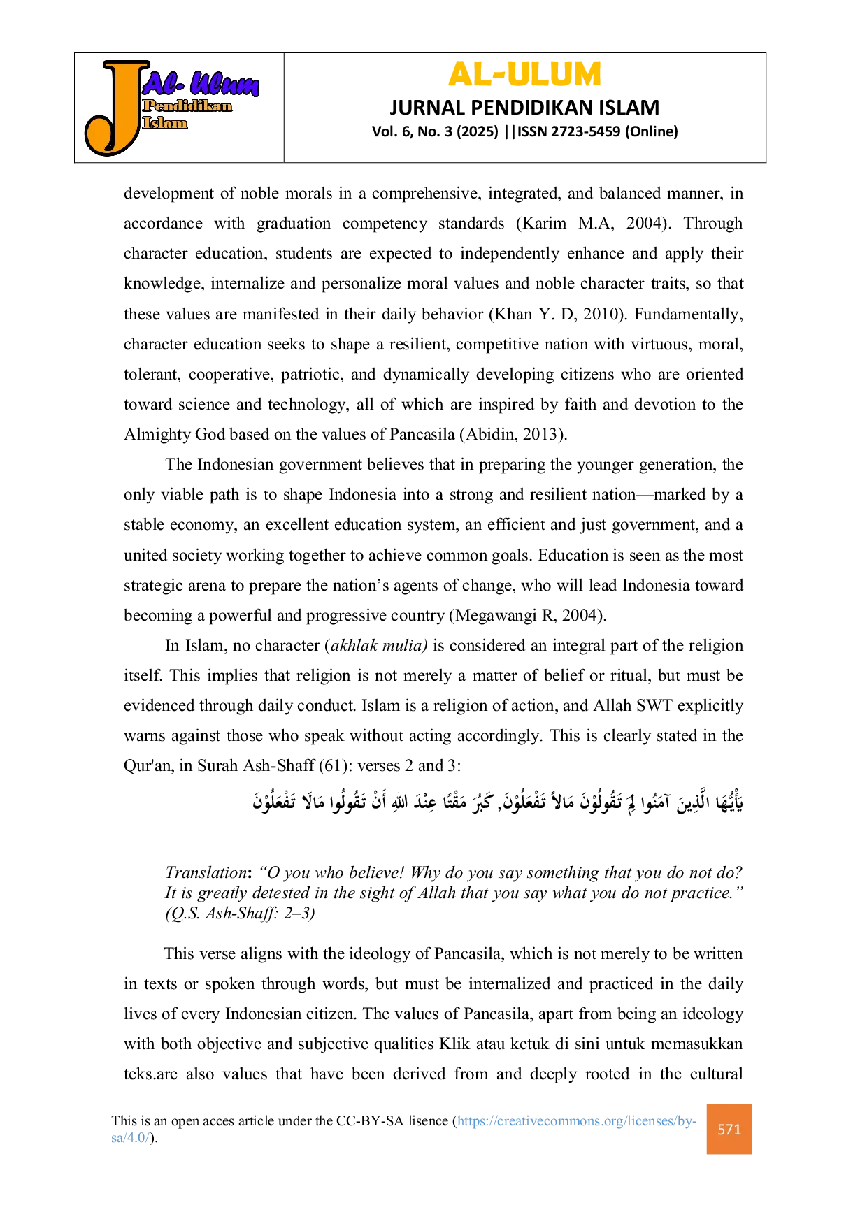 JURIS Integrating Islamic and Pancasila Education in the Character Development of 12th Grade Students at Karya Dharma Veteran High School Sambi Subdistrict Boyolali Regency Academic Year 2023 2024