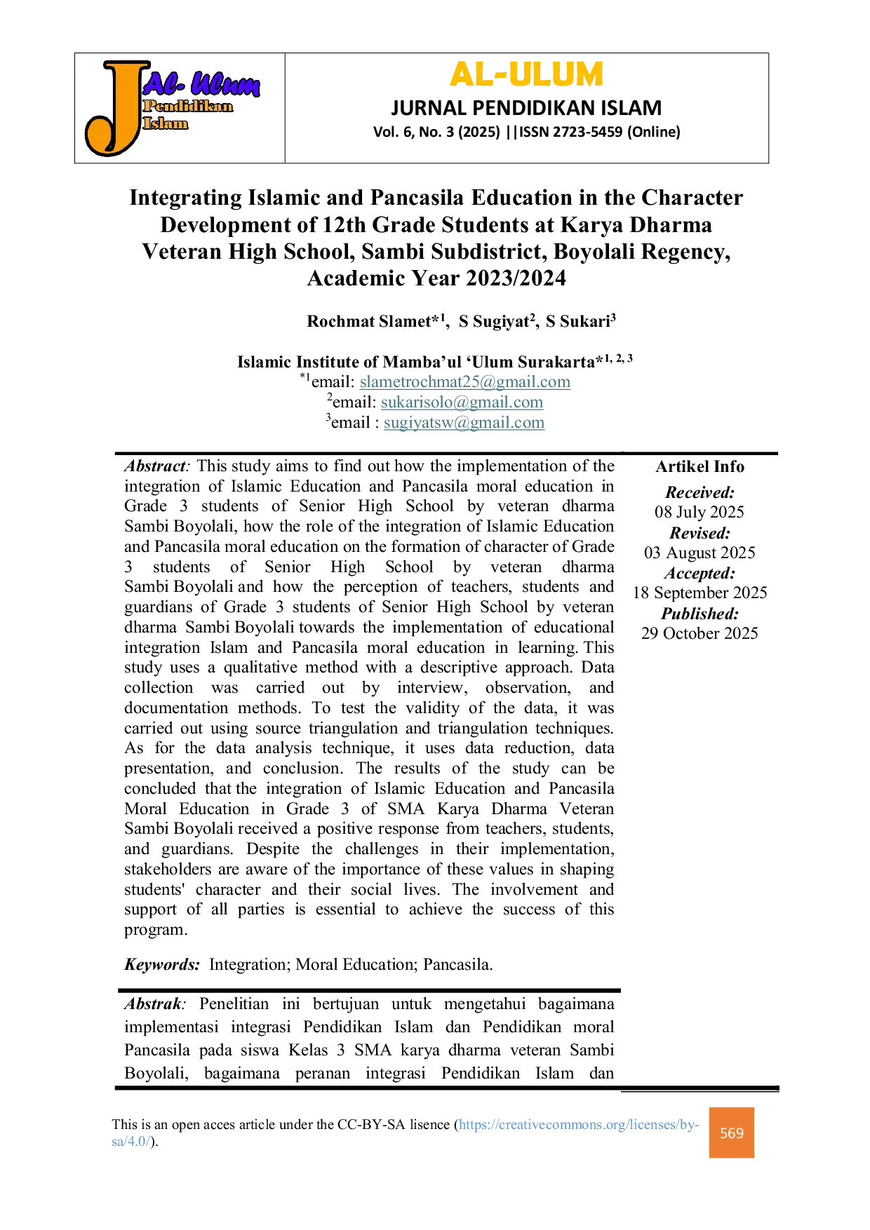 JURIS Integrating Islamic and Pancasila Education in the Character Development of 12th Grade Students at Karya Dharma Veteran High School Sambi Subdistrict Boyolali Regency Academic Year 2023 2024