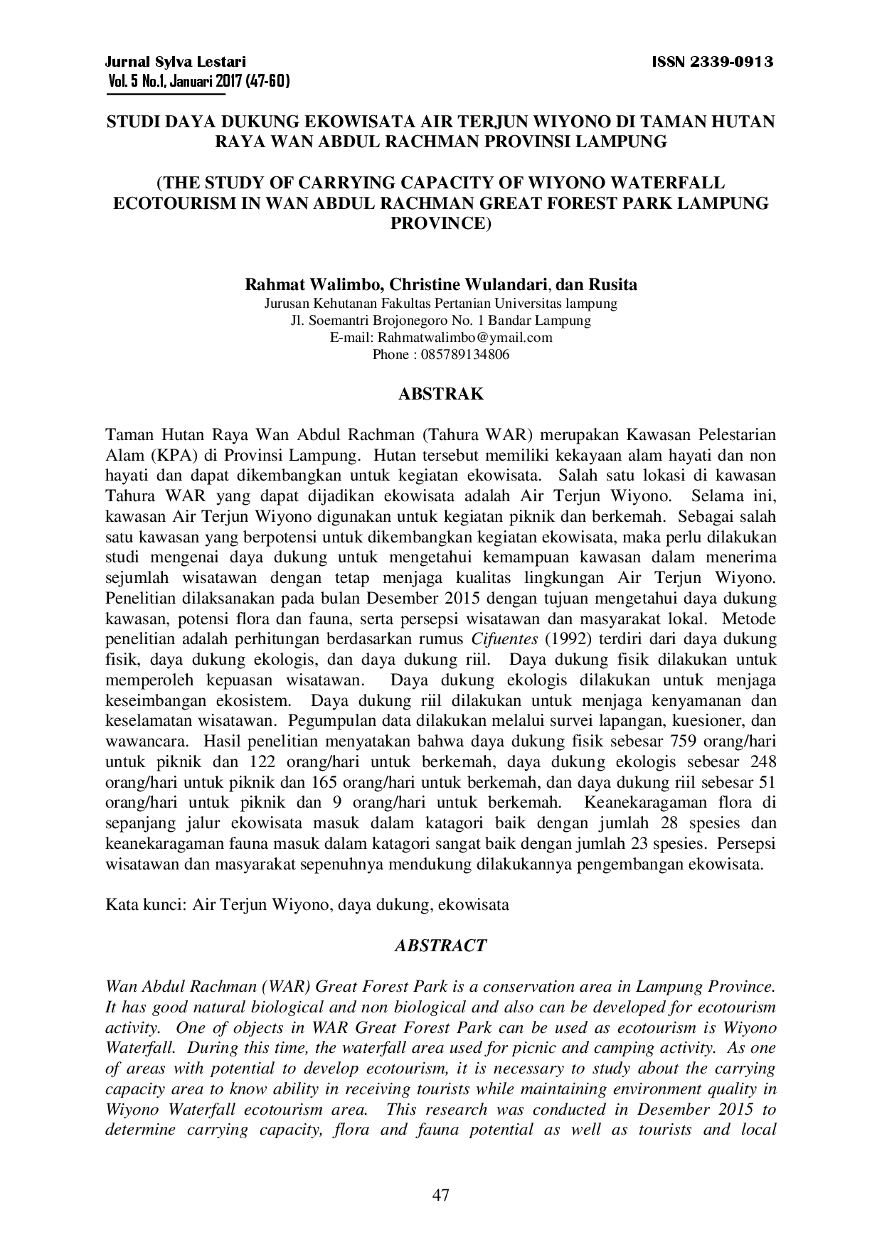 juris Studi Daya Dukung Ekowisata Air Terjun Wiyono Di Taman Hutan Raya Wan Abdul Rachman Provinsi Lampung