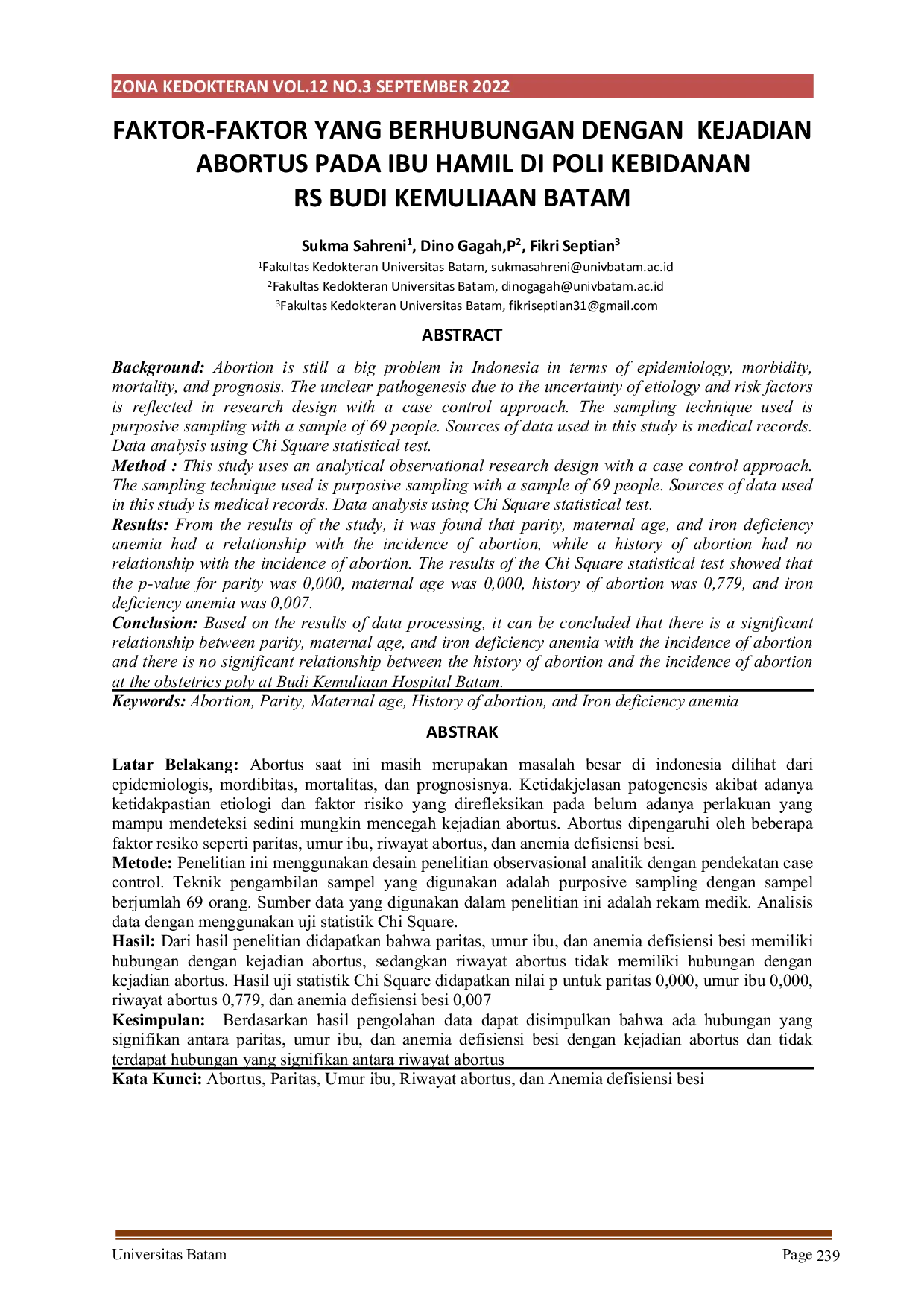 JURIS Faktor Faktor yang Berhubungan dengan Kejadian Abortus pada Ibu Hamil di Poli Kebidanan Rs Budi Kemuliaan Batam