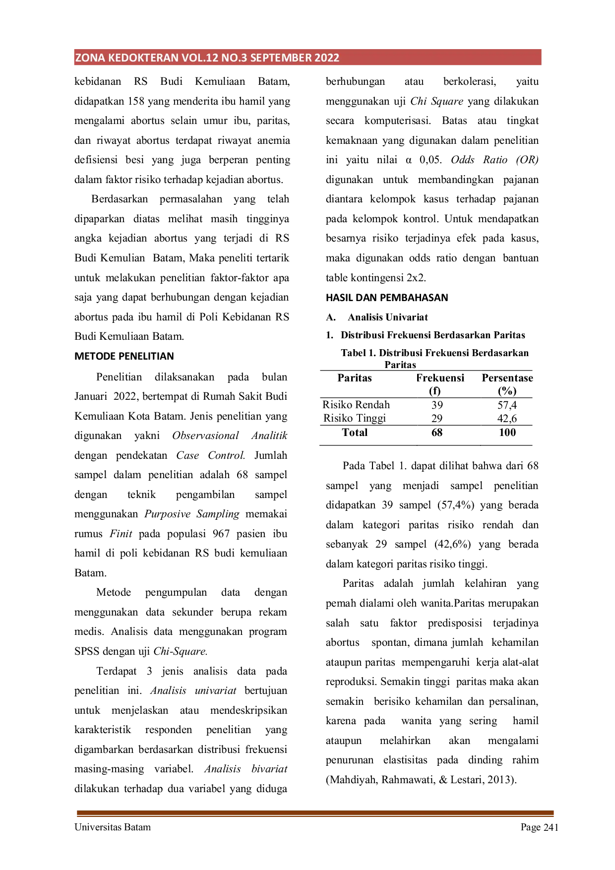 JURIS Faktor Faktor yang Berhubungan dengan Kejadian Abortus pada Ibu Hamil di Poli Kebidanan Rs Budi Kemuliaan Batam