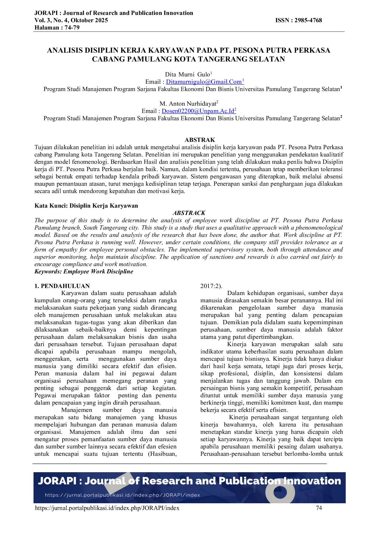 JURIS Analisis Disiplin Kerja Karyawan Pada PT Pesona Putra Perkasa Cabang Pamulang Kota Tangerang Selatan