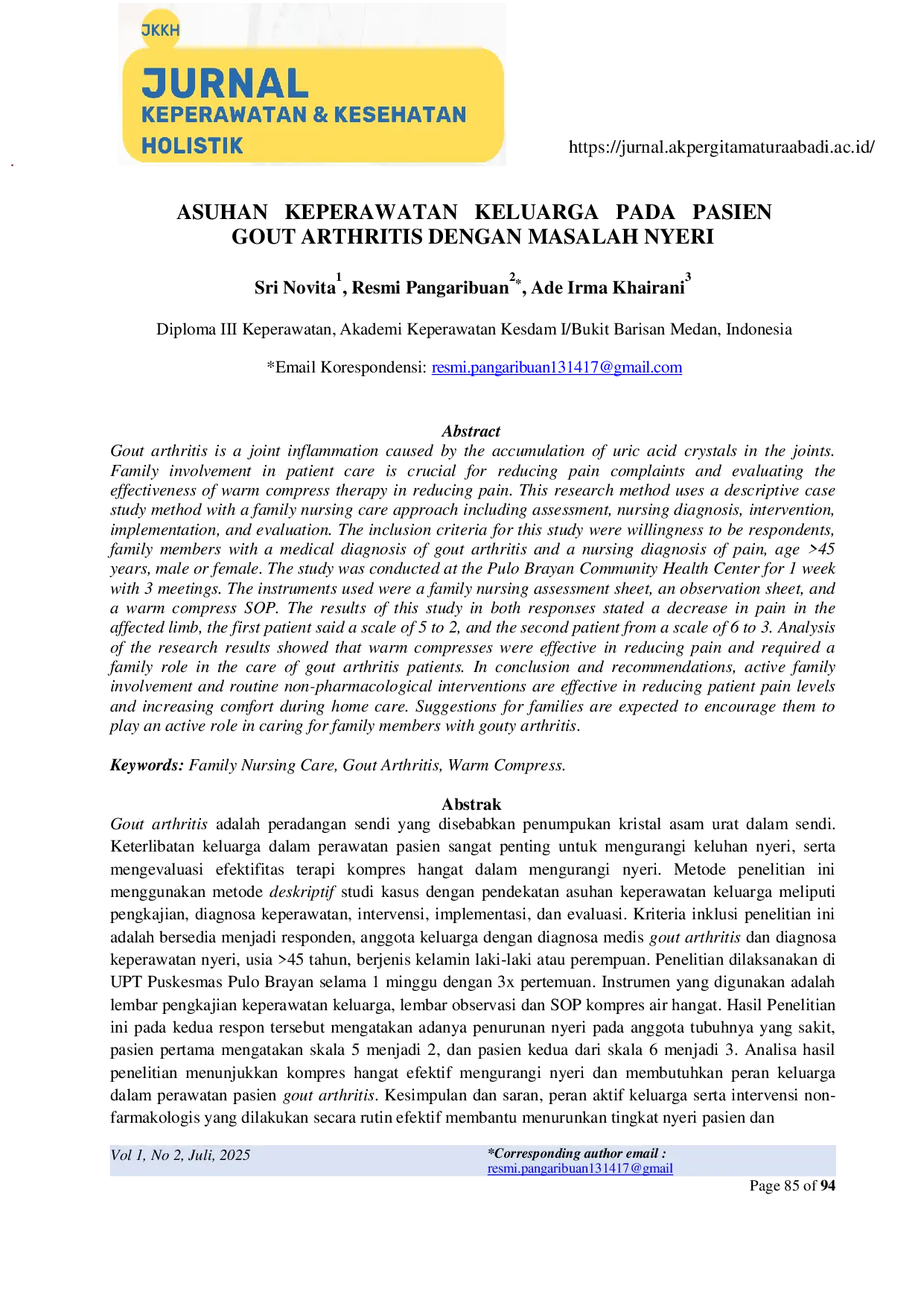 JURIS Asuhan keperawatan keluarga pada pasien Gout arthritis dengan masalah nyeri