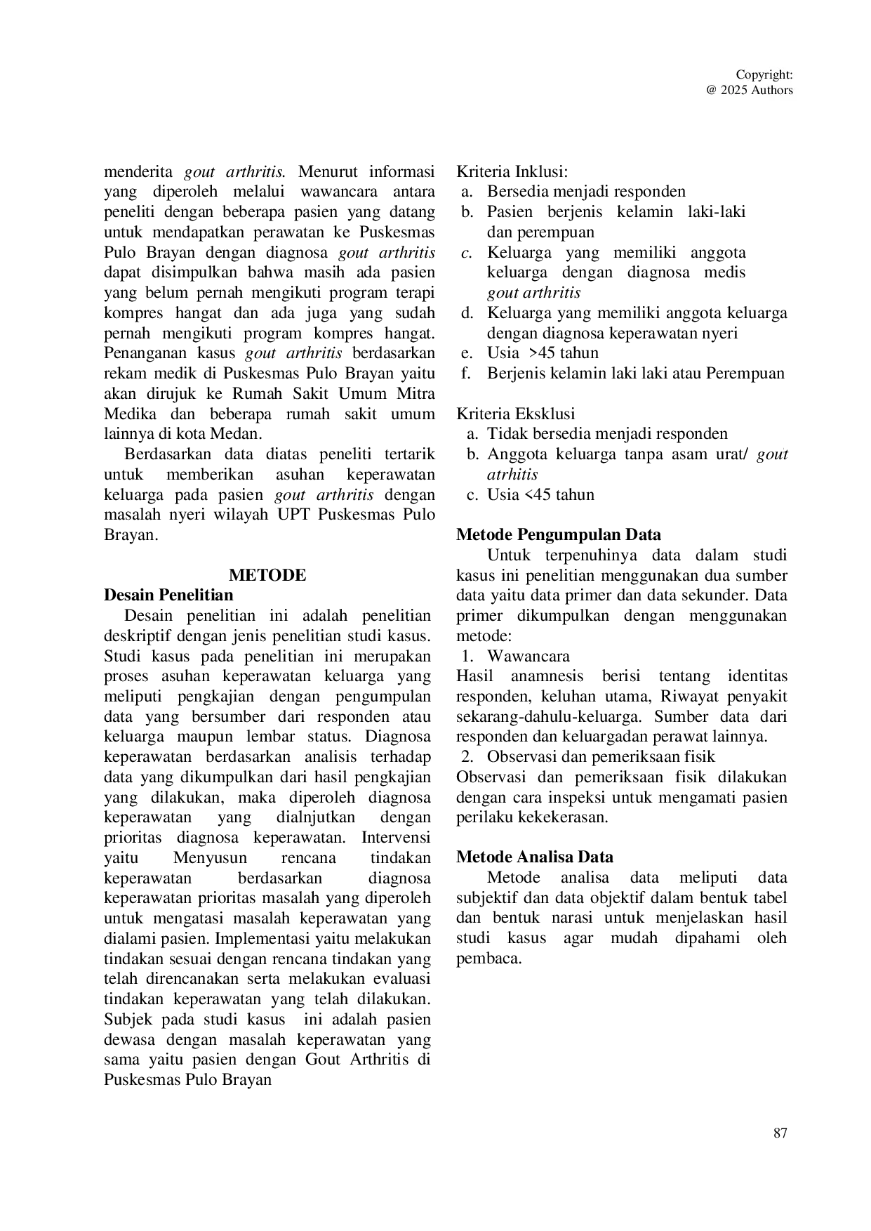 JURIS Asuhan keperawatan keluarga pada pasien Gout arthritis dengan masalah nyeri