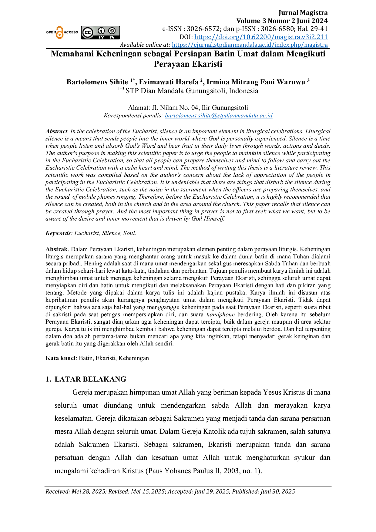 JURIS Memahami Keheningan sebagai Persiapan Batin Umat dalam Mengikuti Perayaan Ekaristi