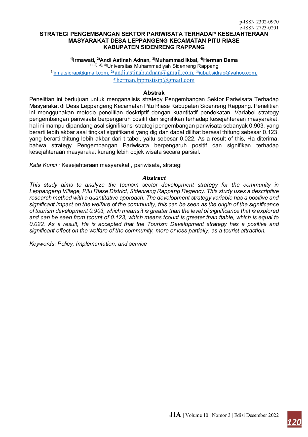 JURIS Strategi Pengembangan Sektor Pariwisata Terhadap Kesejahteraan Masyarakat Desa Leppangeng Kecamatan Pitu Riase Kabupaten Sidenreng Rappang