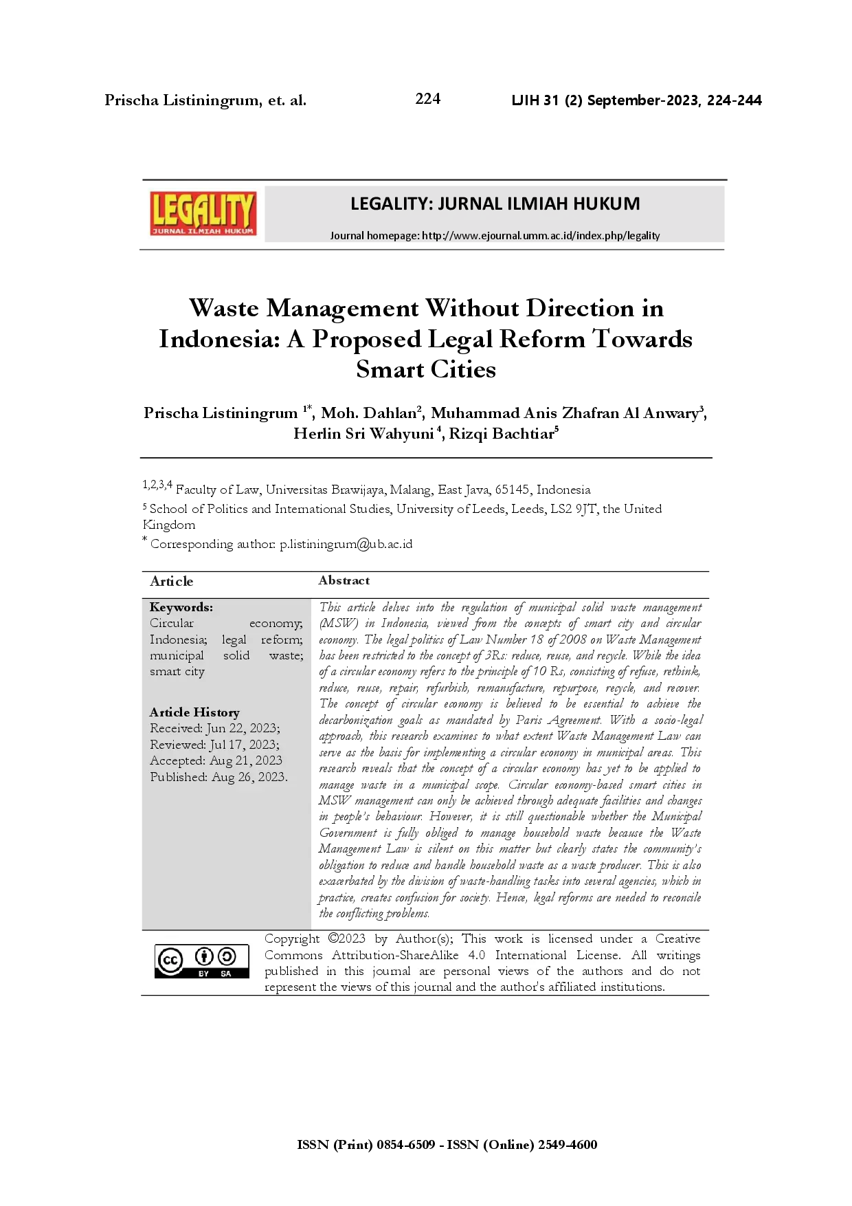 juris Waste management without direction in Indonesia a proposed legal reform towards smart cities