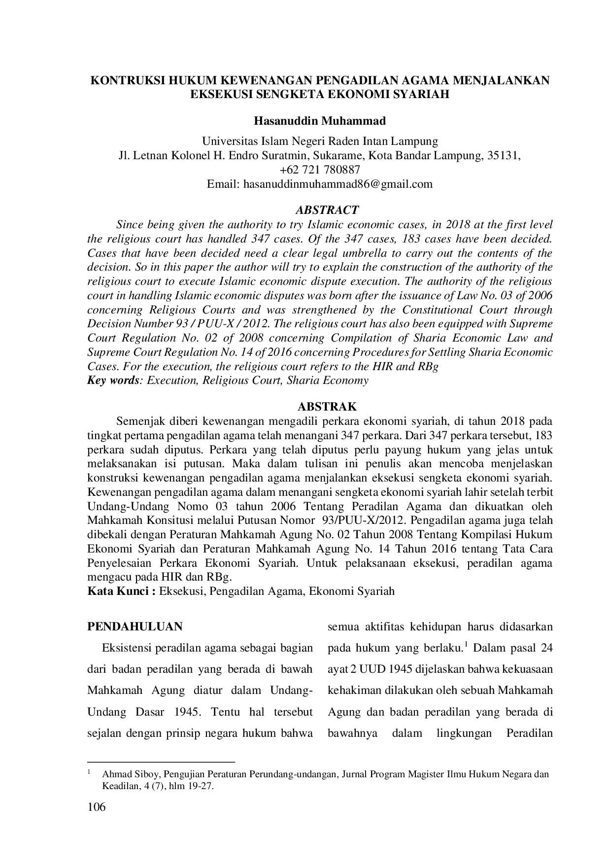 juris Construction of the Legal Authority of the Religious Court in Executing Sharia Economic Disputes