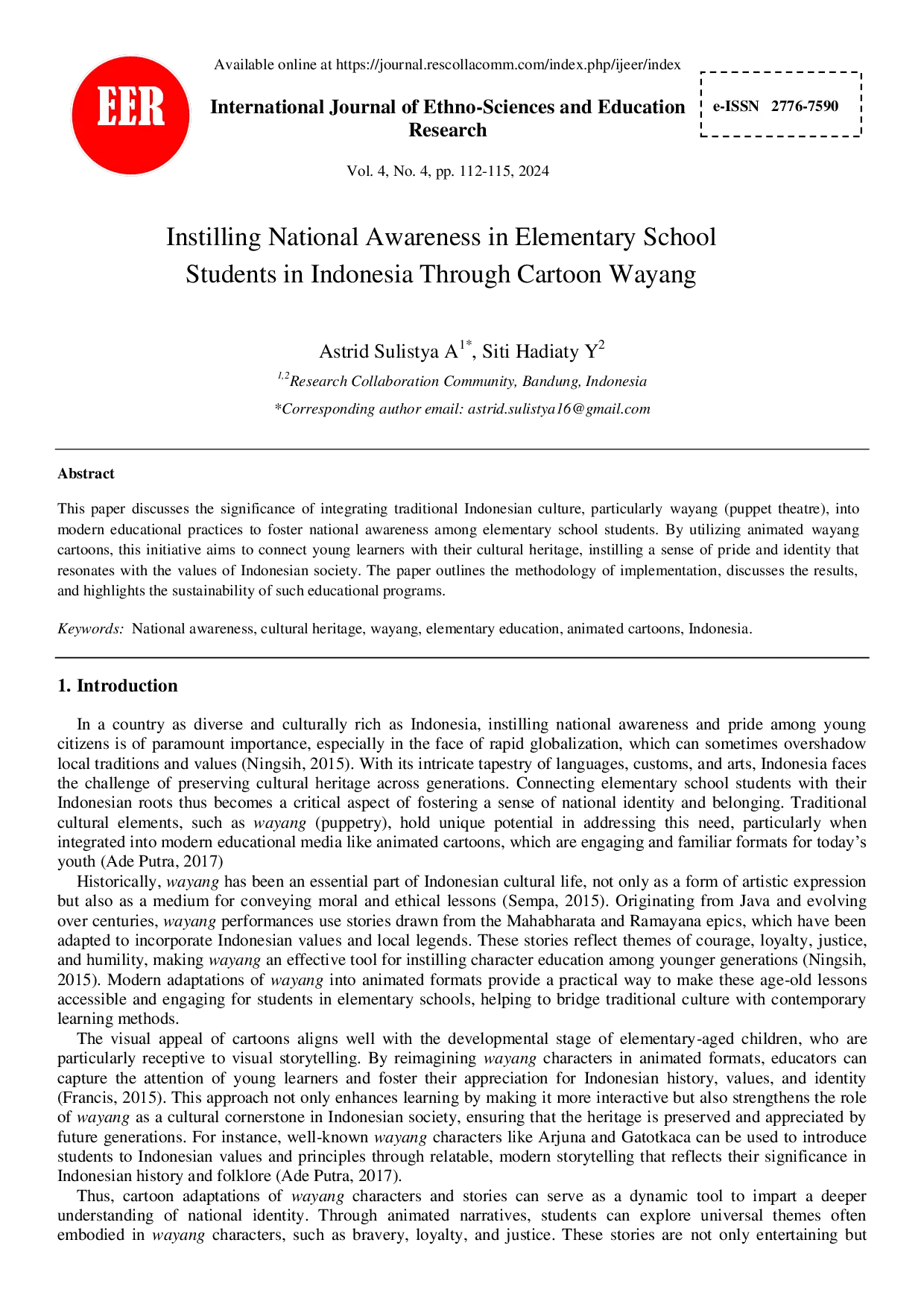 JURIS Instilling National Awareness in Elementary School Students in Indonesia Through Cartoon Wayang