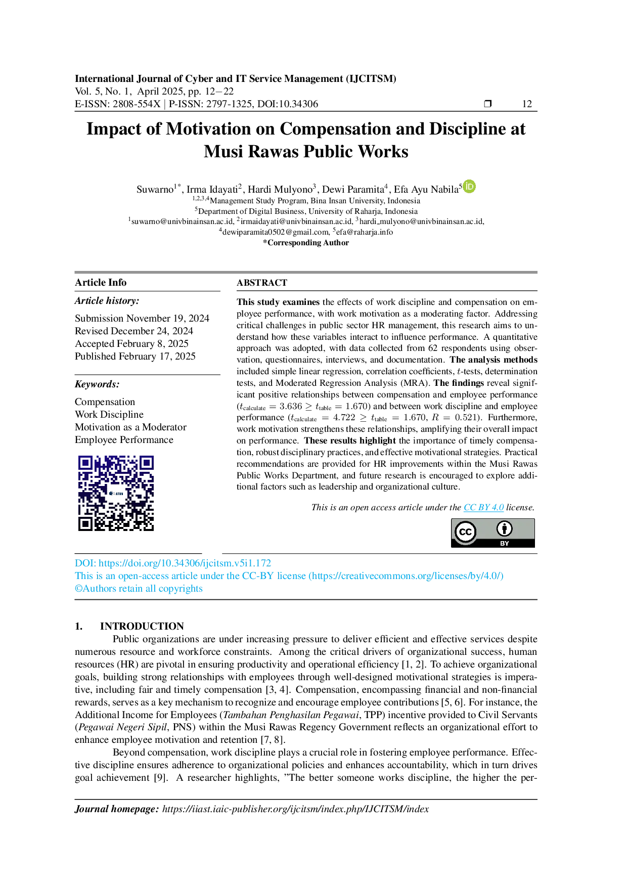 JURIS Impact of Motivation on Compensation and Discipline at Musi Rawas Public Works