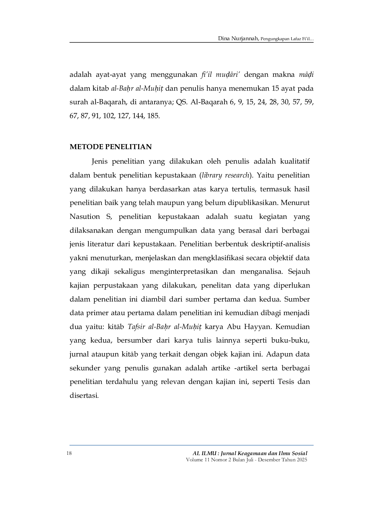 JURIS Analysis of Fil MusAri with Past Meaning in Surah al Baqarah According to Tafsr al Baur al Muu