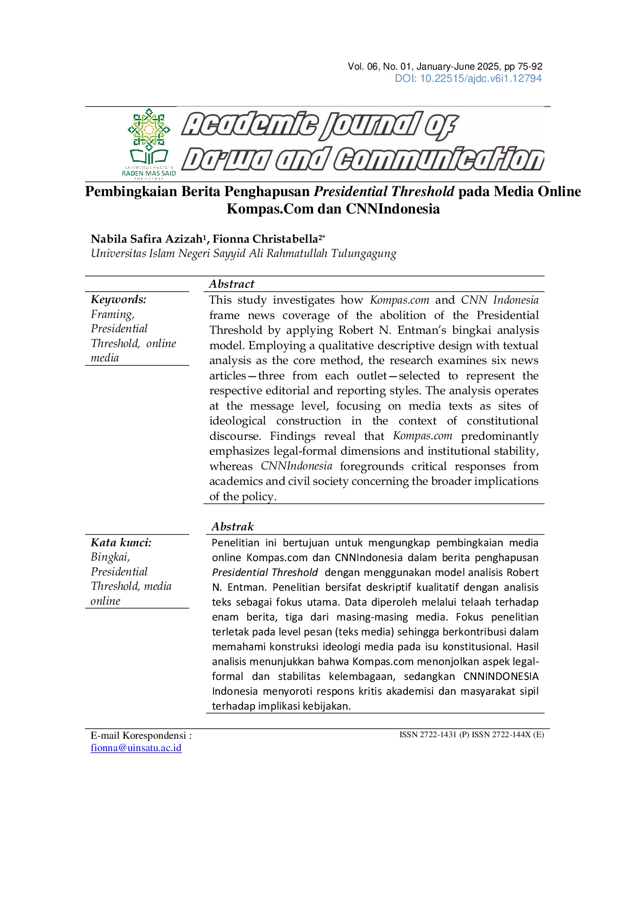 JURIS Pembingkaian Berita Penghapusan Presidential Threshold pada Media Online Kompas Com dan CNNIndonesia