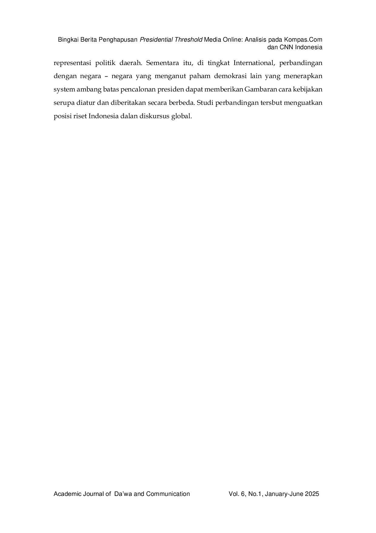 JURIS Pembingkaian Berita Penghapusan Presidential Threshold pada Media Online Kompas Com dan CNNIndonesia