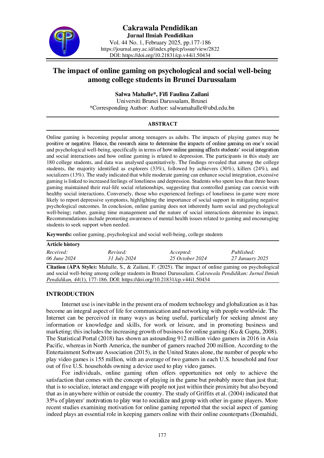 juris The impact of online gaming on psychological and social well being among college students in Brunei Darussalam