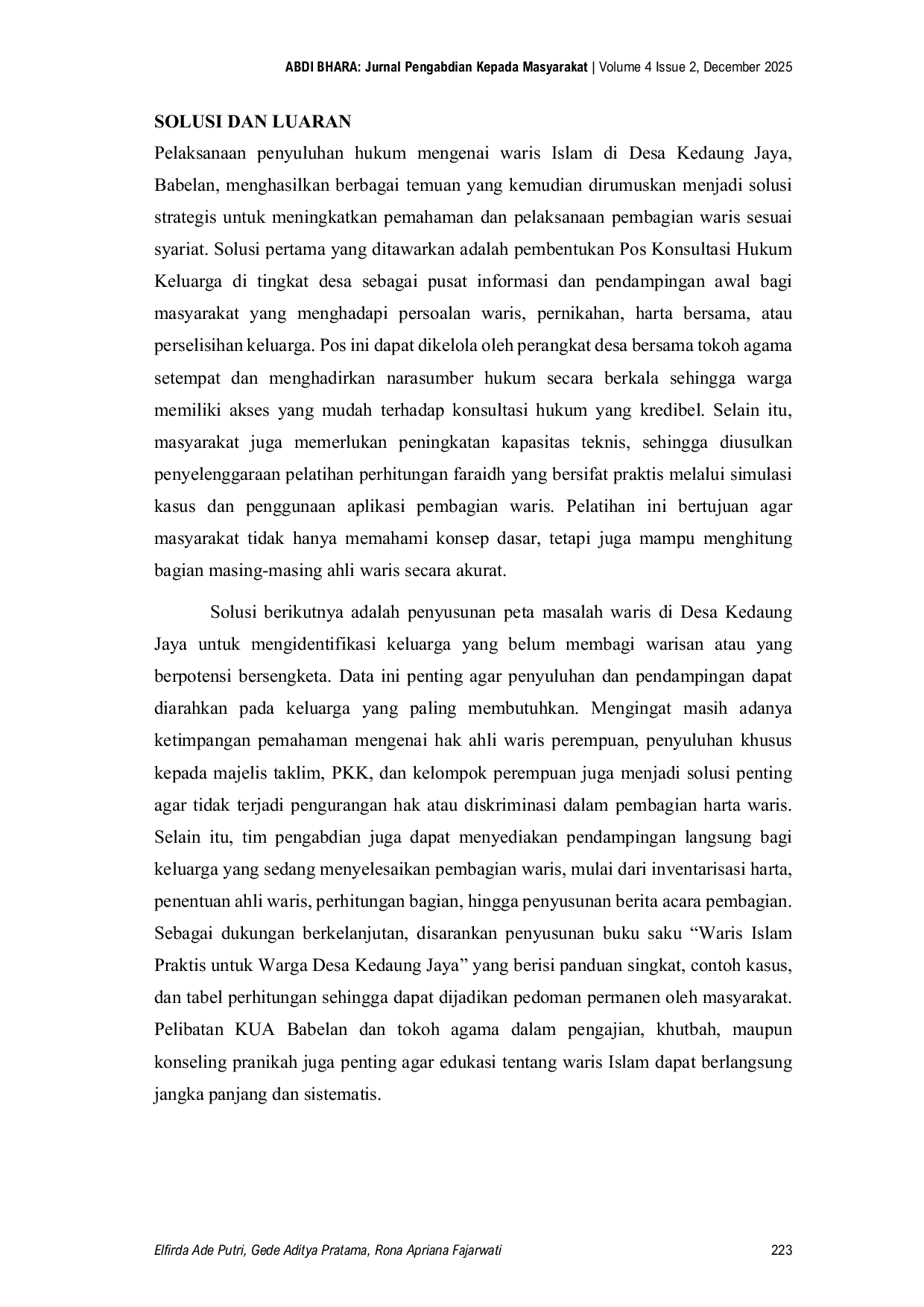 JURIS Penyuluhan Hukum Tentang Waris Islam Bagi Masyarakat Peningkatan Pemahaman Kepastian dan Keadilan dalam Pembagian Harta Warisan