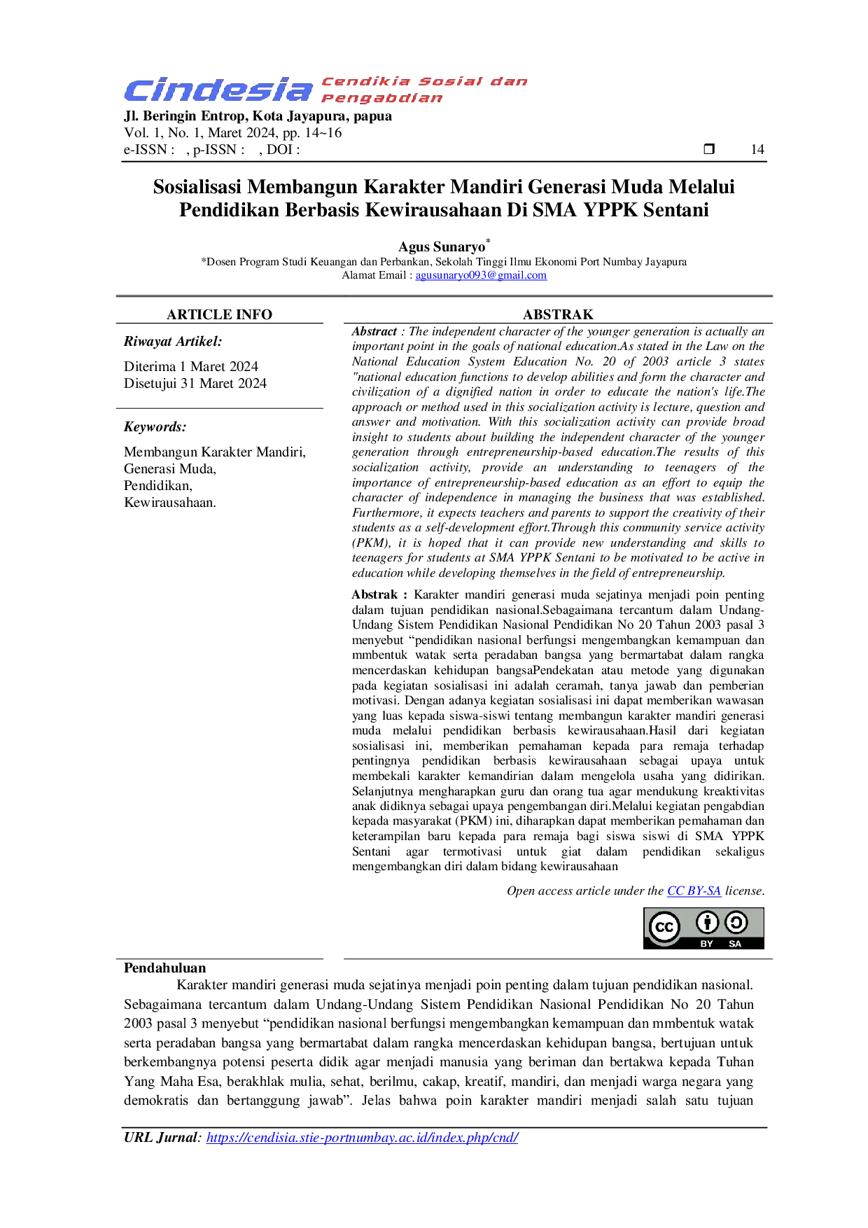 JURIS Sosialisasi Membangun Karakter Mandiri Generasi Muda Melalui Pendidikan Berbasis Kewirausahaan Di SMA YPPK Sentani