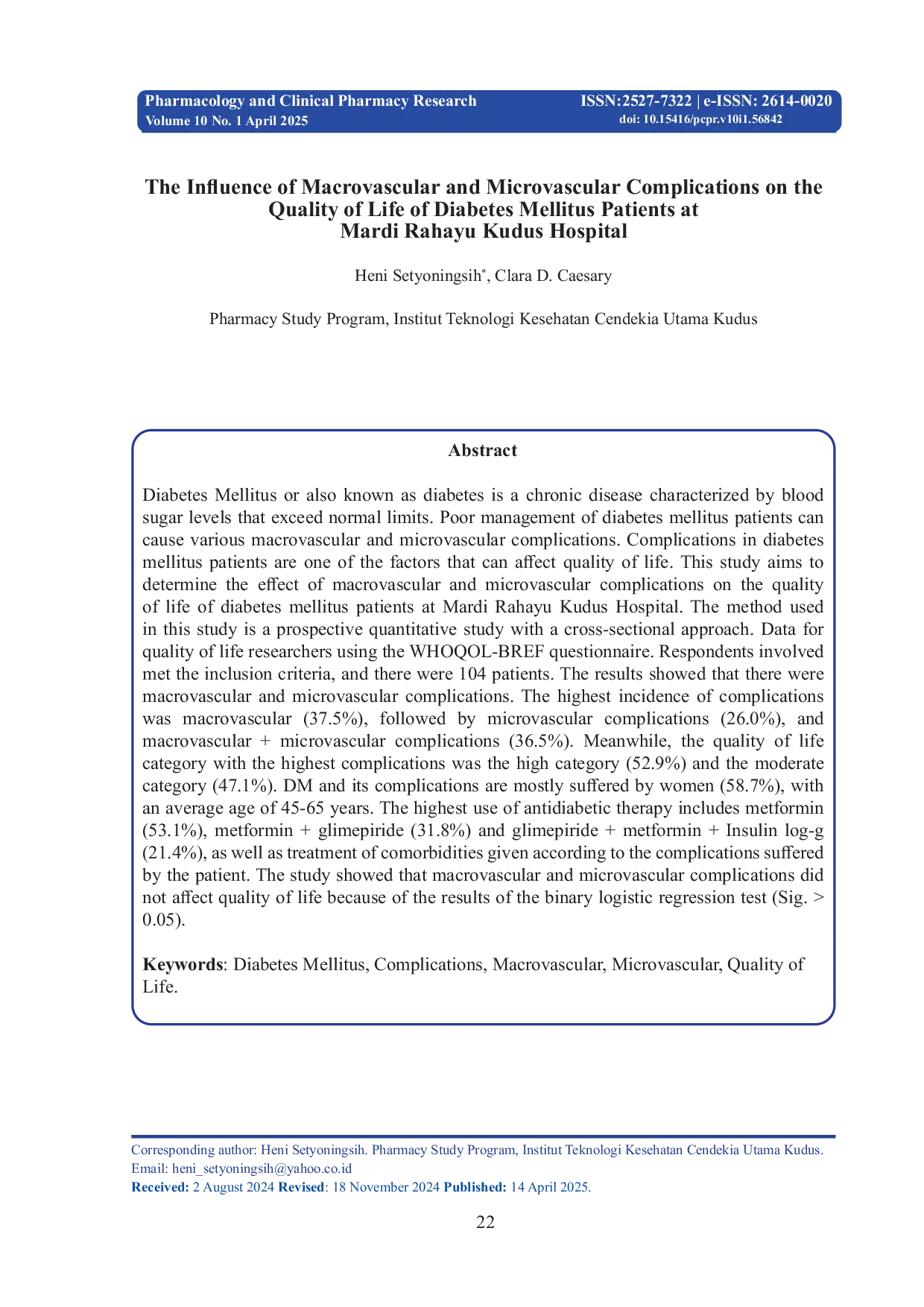 JURIS The Influence of Macrovascular and Microvascular Complications on the Quality of Life of Diabetes Mellitus Patients at Mardi Rahayu Kudus Hospital