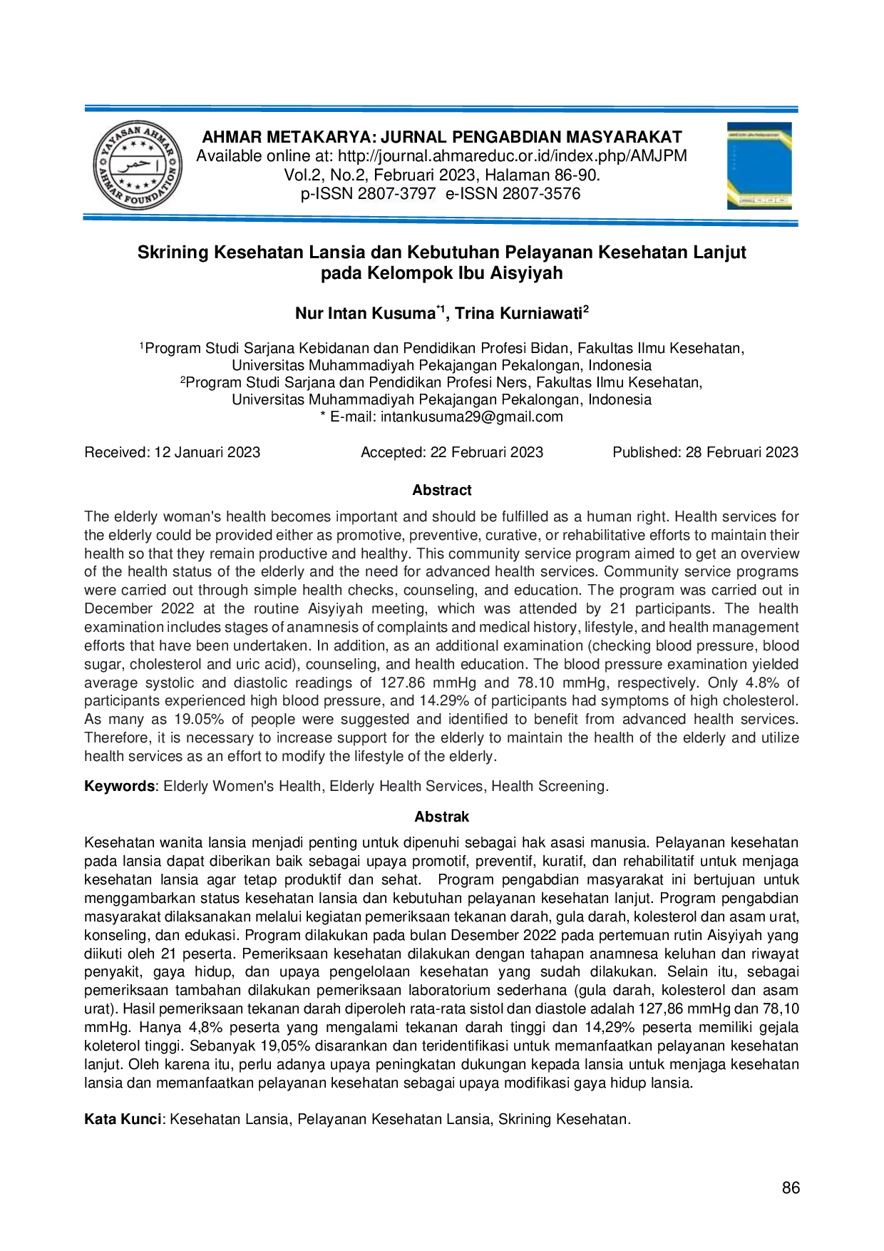 juris Skrining Kesehatan Lansia dan Kebutuhan Pelayanan Kesehatan Lanjut pada Kelompok Ibu Aisyiyah