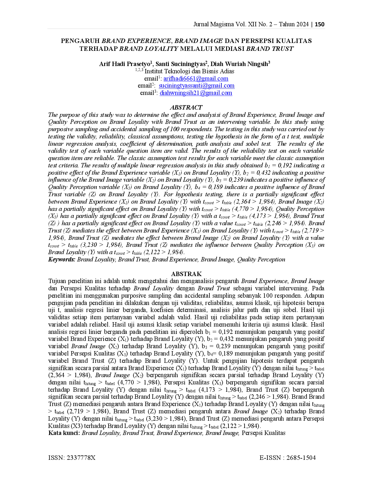 JURIS Pengaruh Brand Experience Brand Image Dan Persepsi Kualitas Terhadap Brand Loyality Melalui Mediasi Brand Trust