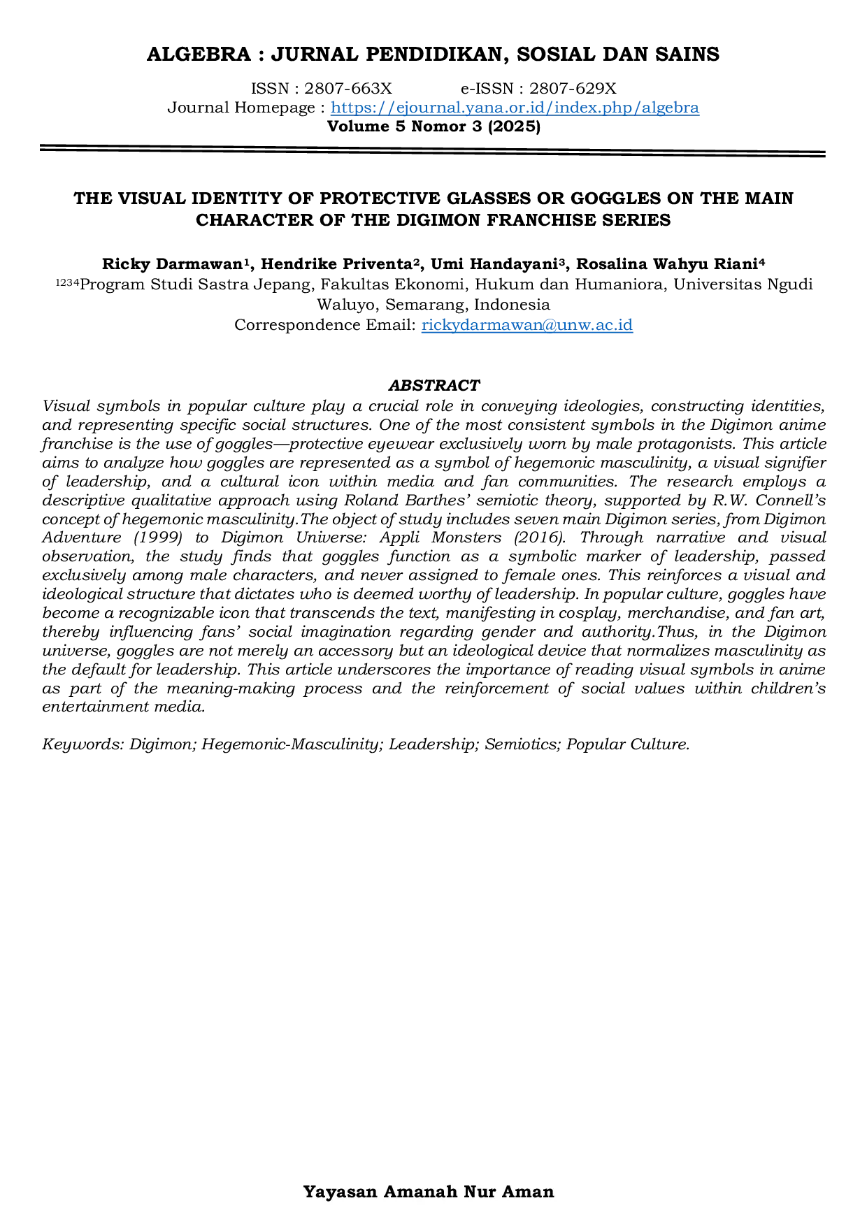 JURIS The Visual Identity of Protective Glasses or Goggles on the Main Character of the Digimon Franchise Series