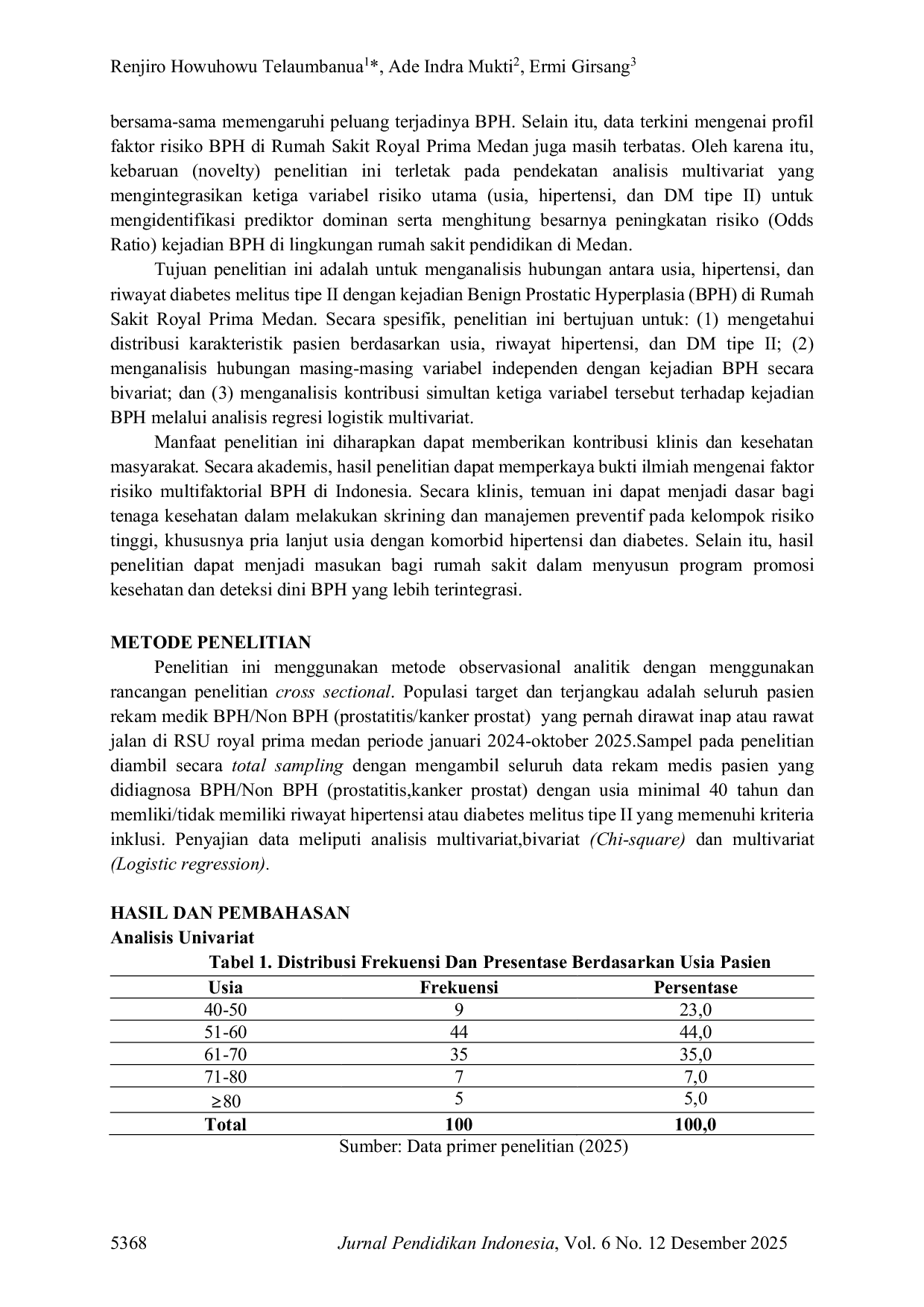 JURIS Hubungan Usia Hipertensi dan Riwayat Penyakit Diabetes Melitus Tipe II dengan Kejadian Benign Prostatic Hyperplasia BPH Di Rumah Sakit Royal Prima Medan