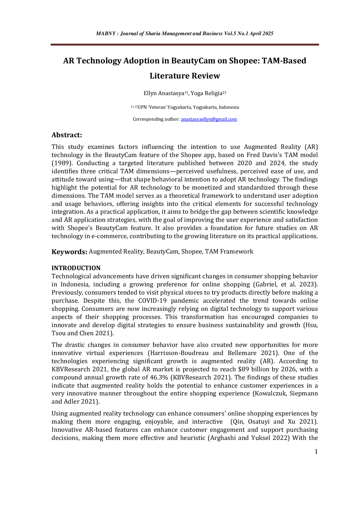 JURIS An AR Technology Adoption in BeautyCam on Shopee TAM Based Literature Review