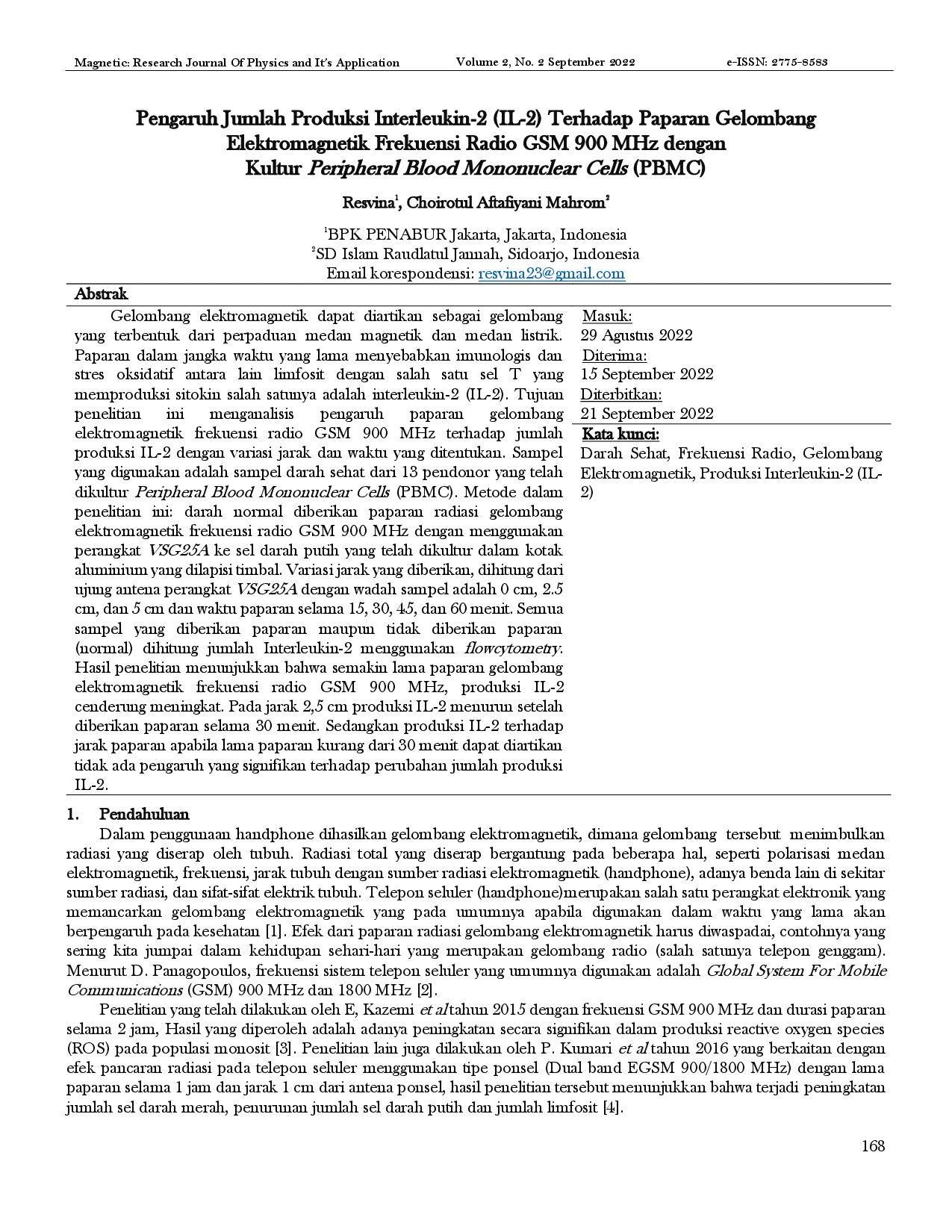 juris Pengaruh Jumlah Produksi Interleukin 2 IL 2 Terhadap Paparan Gelombang Elektromagnetik Frekuensi Radio GSM 900 MHZ dengan Kultur Peripheral Blood Mononuclear Cells PBMC