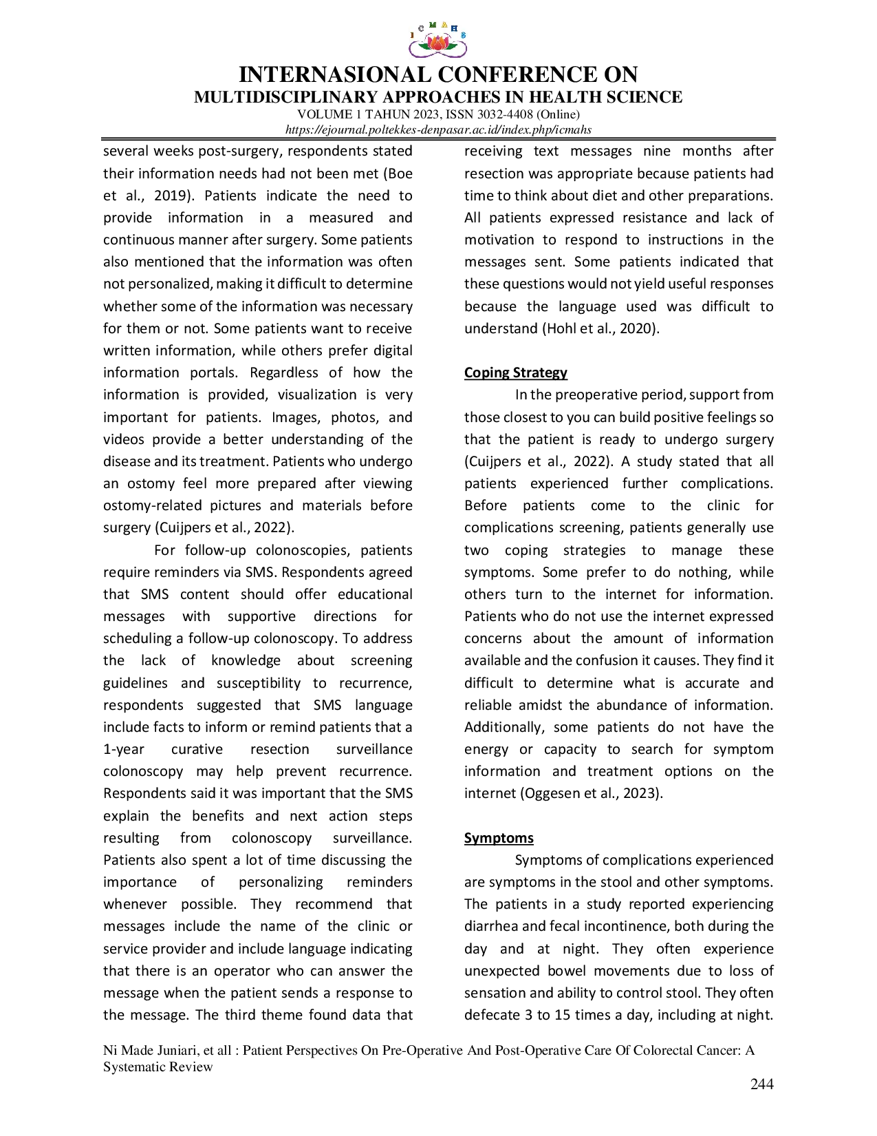 JURIS Patient Perspectives on Pre Operative and Post Operative Care of Colorectal Cancer a Systematic Review