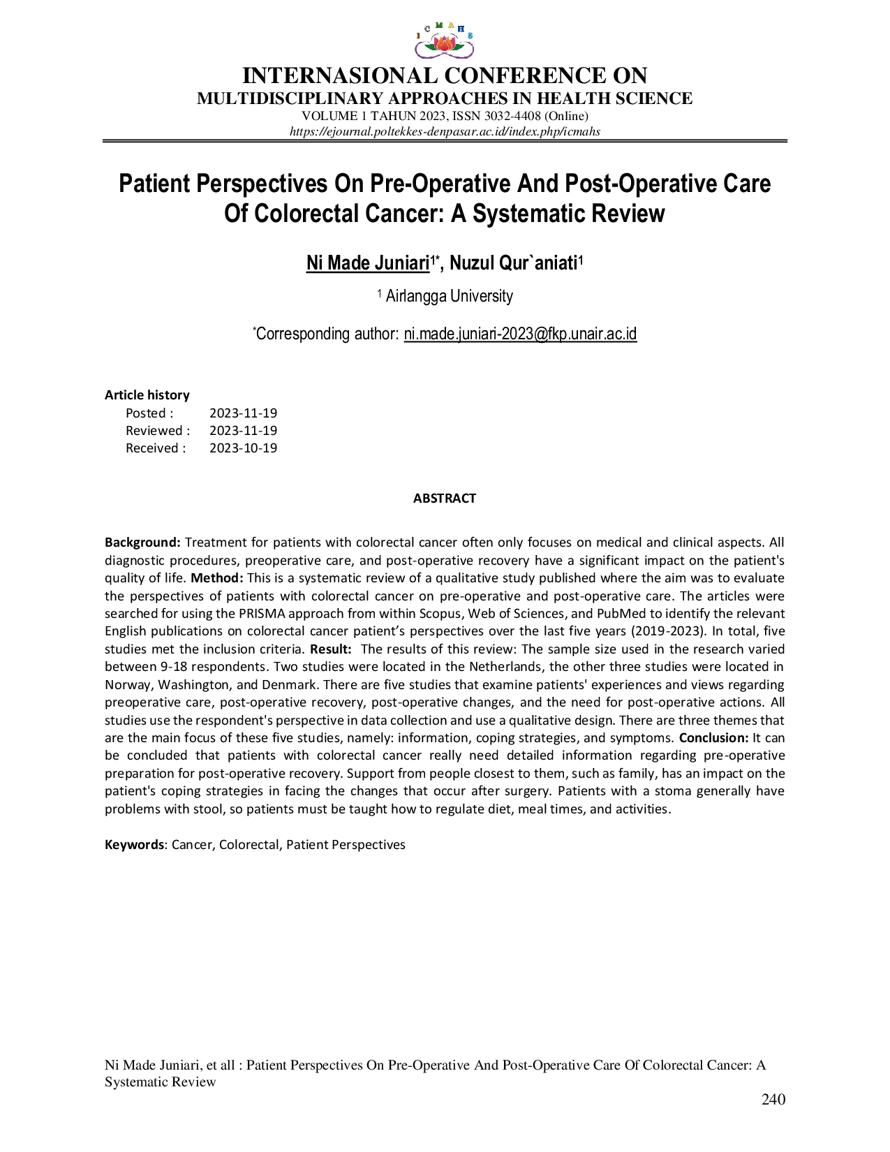 JURIS Patient Perspectives on Pre Operative and Post Operative Care of Colorectal Cancer a Systematic Review