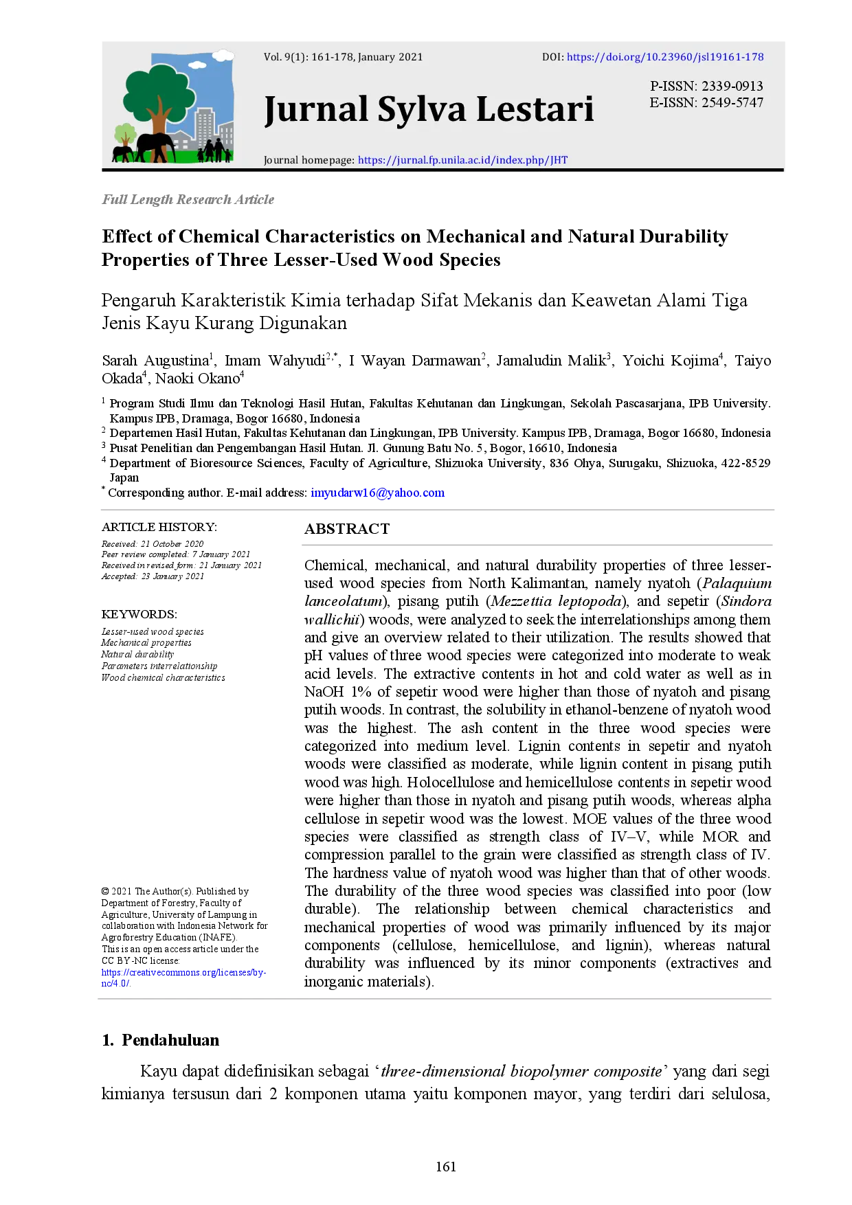 juris Pengaruh Karakteristik Kimia terhadap Sifat Mekanis dan Keawetan Alami Tiga Jenis Kayu Kurang Digunakan Effect of Chemical Characteristics on Mechanical and Natural Durability Properties of Three Les