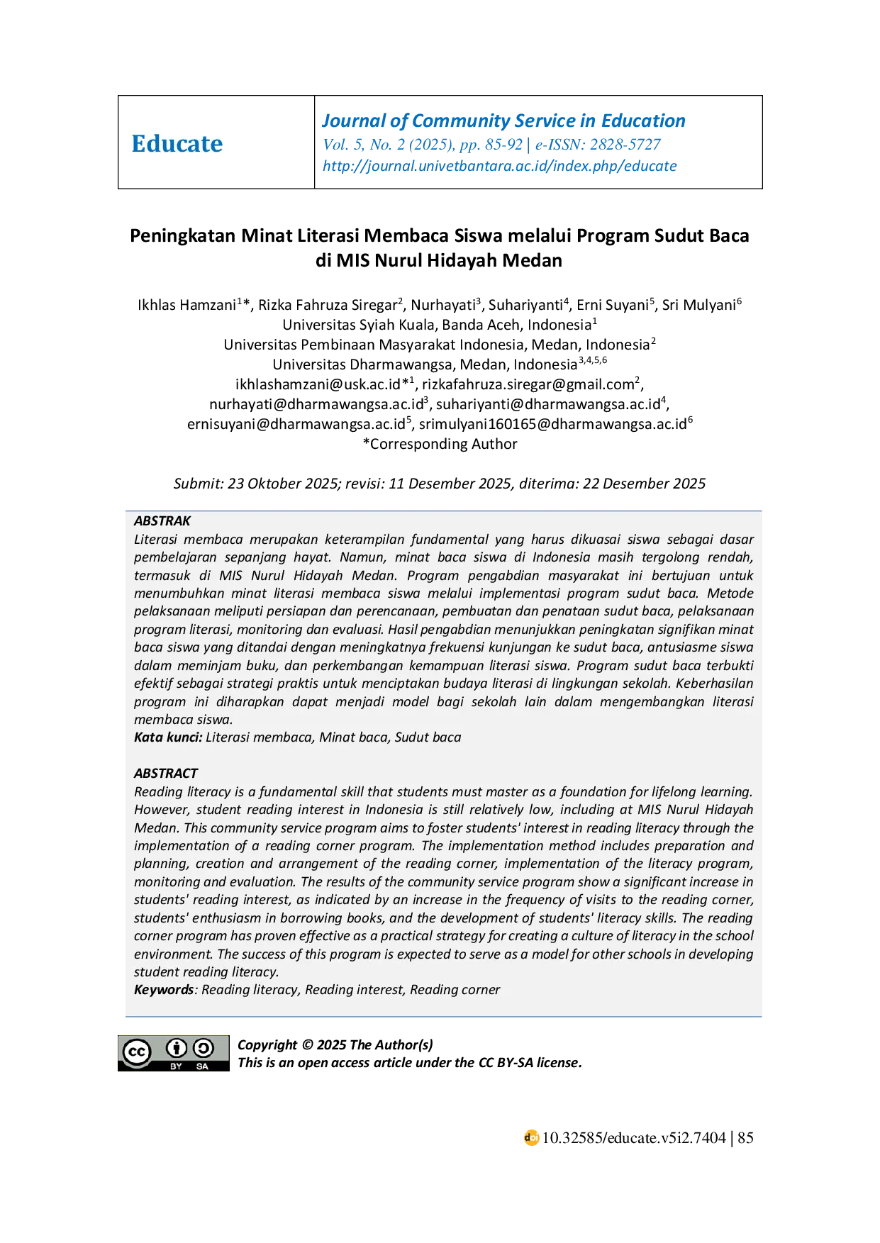 JURIS Peningkatan Minat Literasi Membaca Siswa melalui Program Sudut Baca di MIS Nurul Hidayah Medan