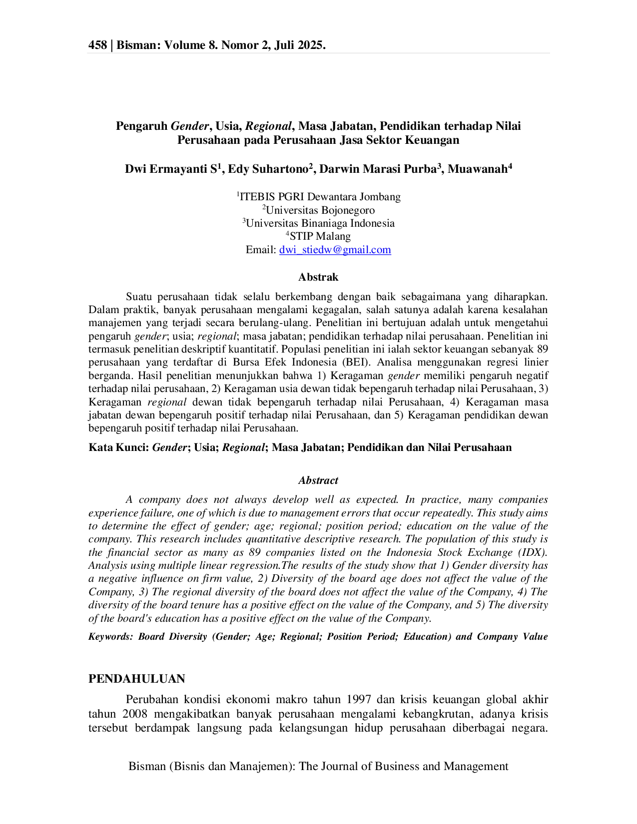JURIS Pengaruh Gender Usia Regional Masa Jabatan Pendidikan terhadap Nilai Perusahaan pada Perusahaan Jasa Sektor Keuangan