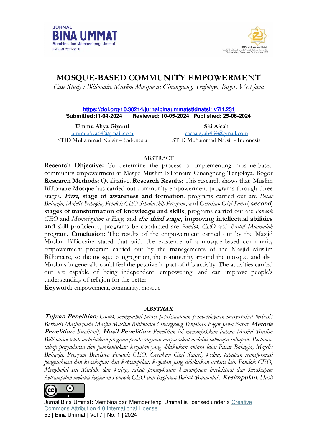 JURIS Mosque Based Community Empowerment A Case Study of the Billionaire Muslim Mosque in Cinangneng Tenjoloyo Bogor West Java
