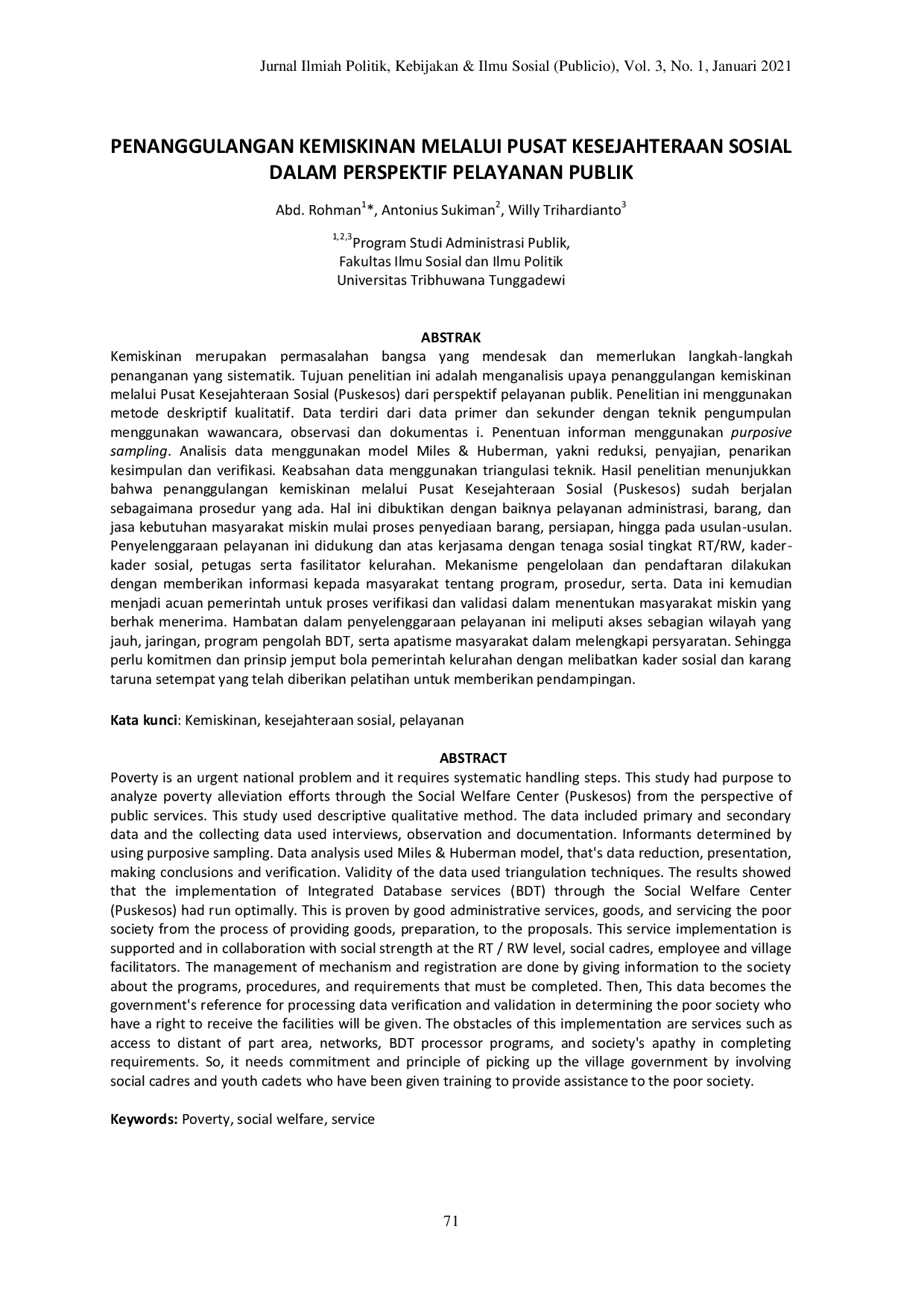 JURIS Penanggulangan Kemiskinan Melalui Pusat Kesejahteraan Sosial Dalam Perspektif Pelayanan Publik