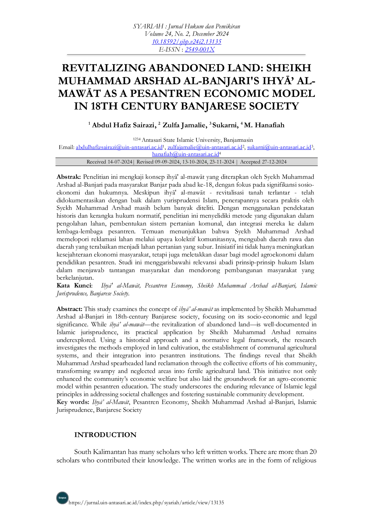 JURIS Revitalisasi Lahan Terlantar IhyA al MawAt karya Syekh Muhammad Arshad Al Banjari sebagai Model Ekonomi Pesantren di Masyarakat Banjar Abad ke 18